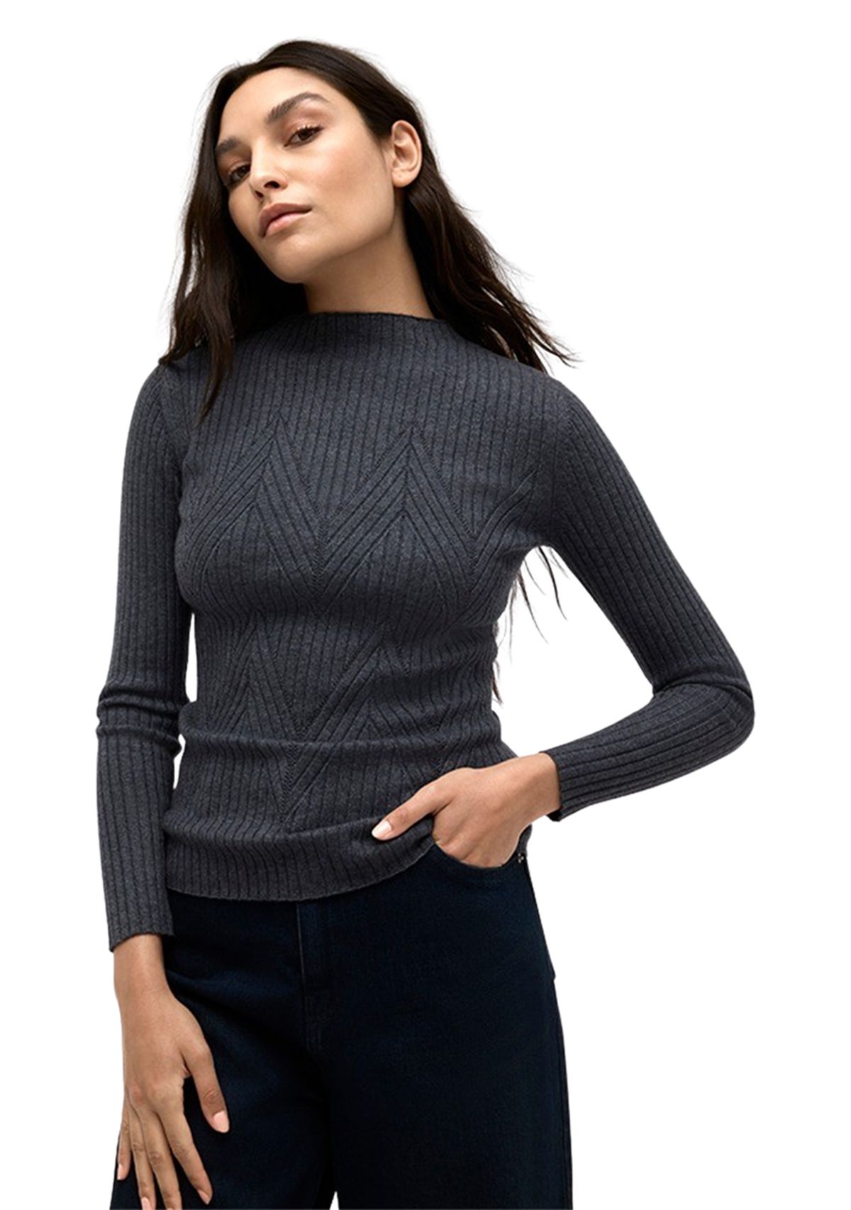 Womens Chevron Stitched Ribbed Knit Sweater