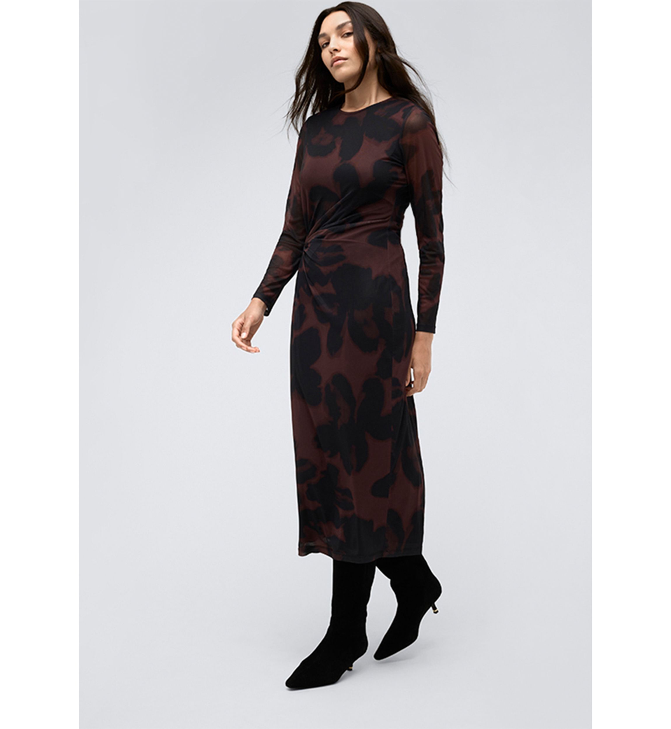 Womens Smudge Printed Mesh Midi Dress