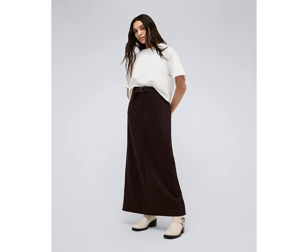 Womens Vegan Suede Fly Front Belted Maxi Skirt