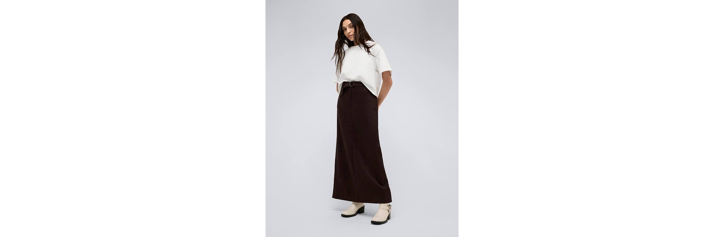 Womens Vegan Suede Fly Front Belted Maxi Skirt