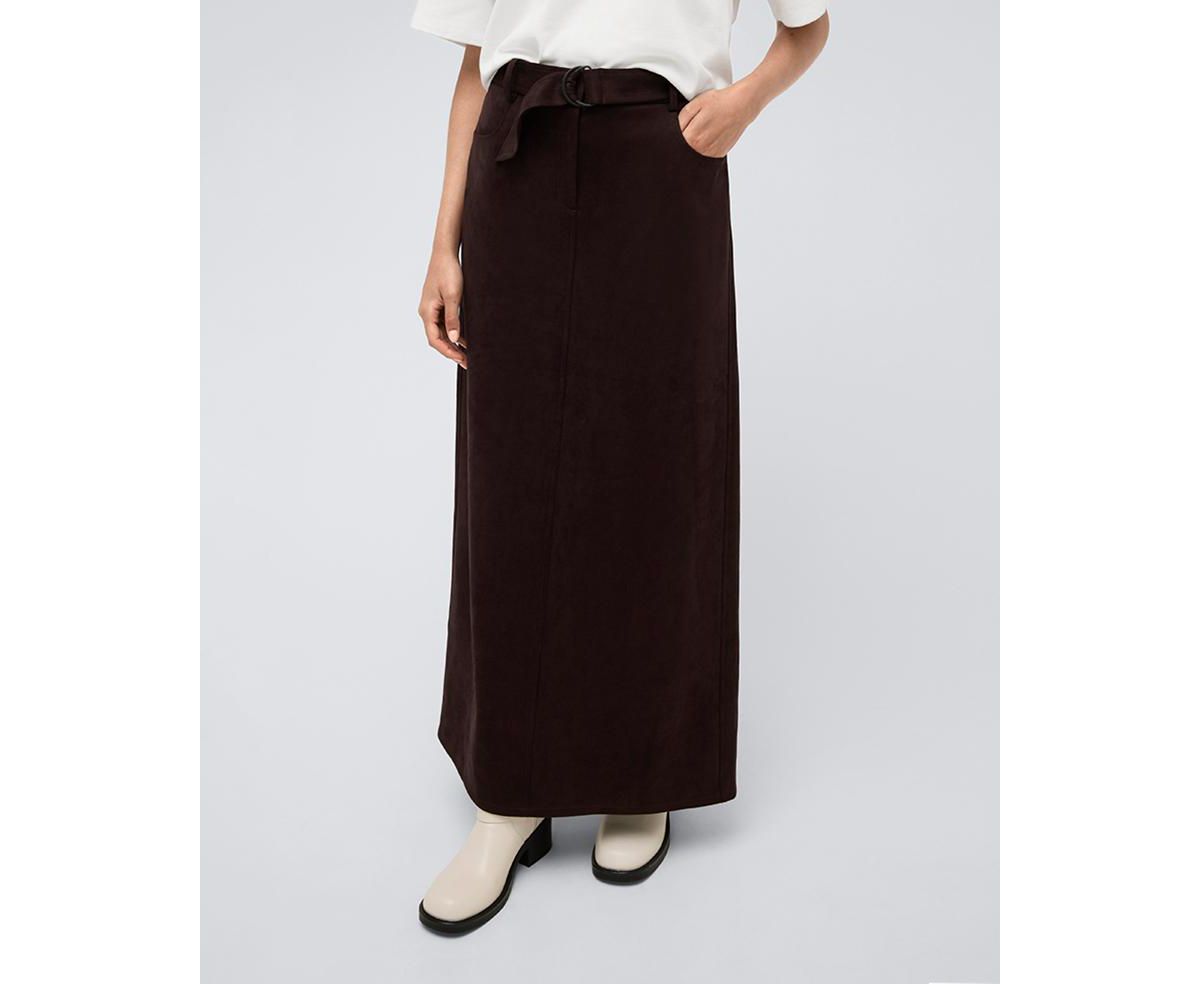 Womens Vegan Suede Fly Front Belted Maxi Skirt