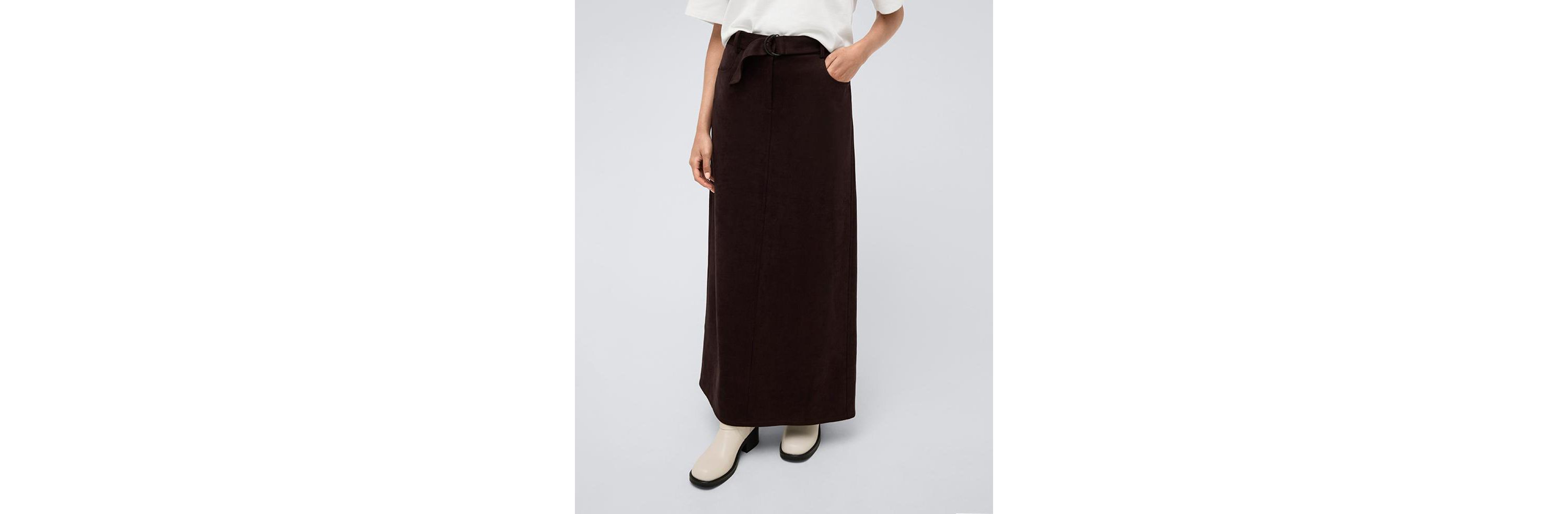 Womens Vegan Suede Fly Front Belted Maxi Skirt