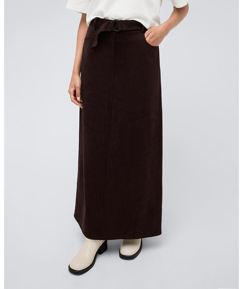 Womens Vegan Suede Fly Front Belted Maxi Skirt
