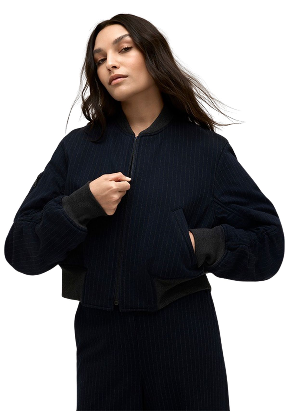 Womens Ruch Sleeve Pinstripe Bomber Jacket