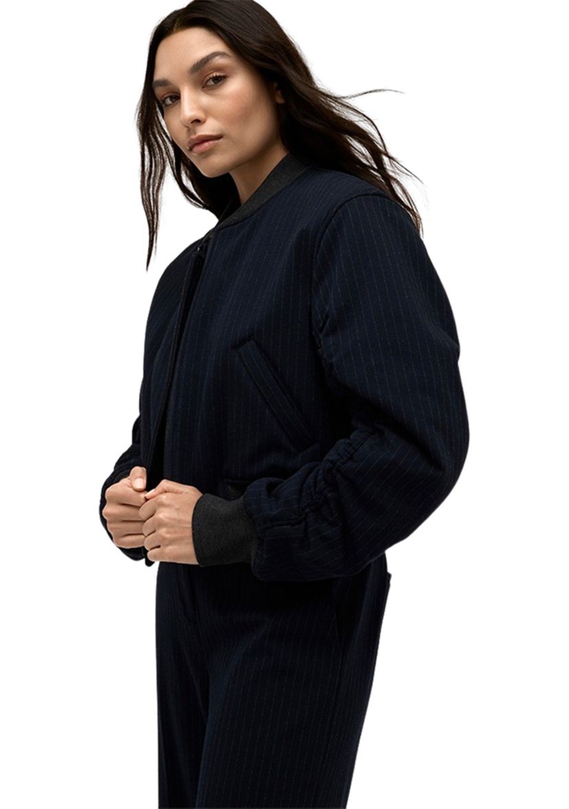 Womens Ruch Sleeve Pinstripe Bomber Jacket