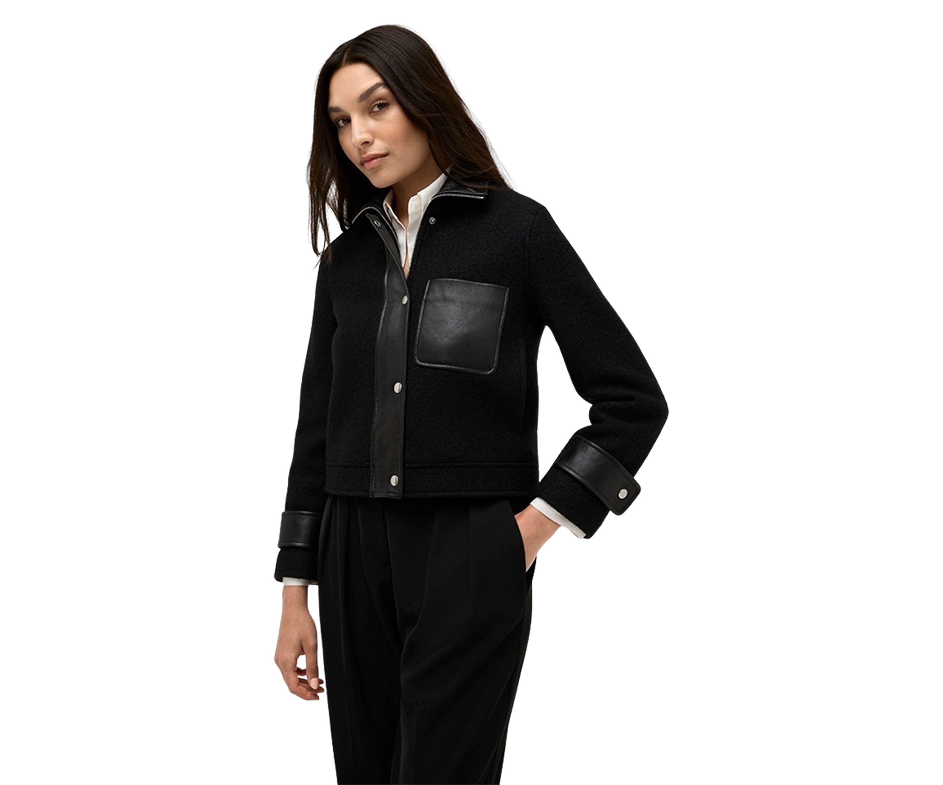 Womens Cropped Boxy Mixed Media Moto Jackett