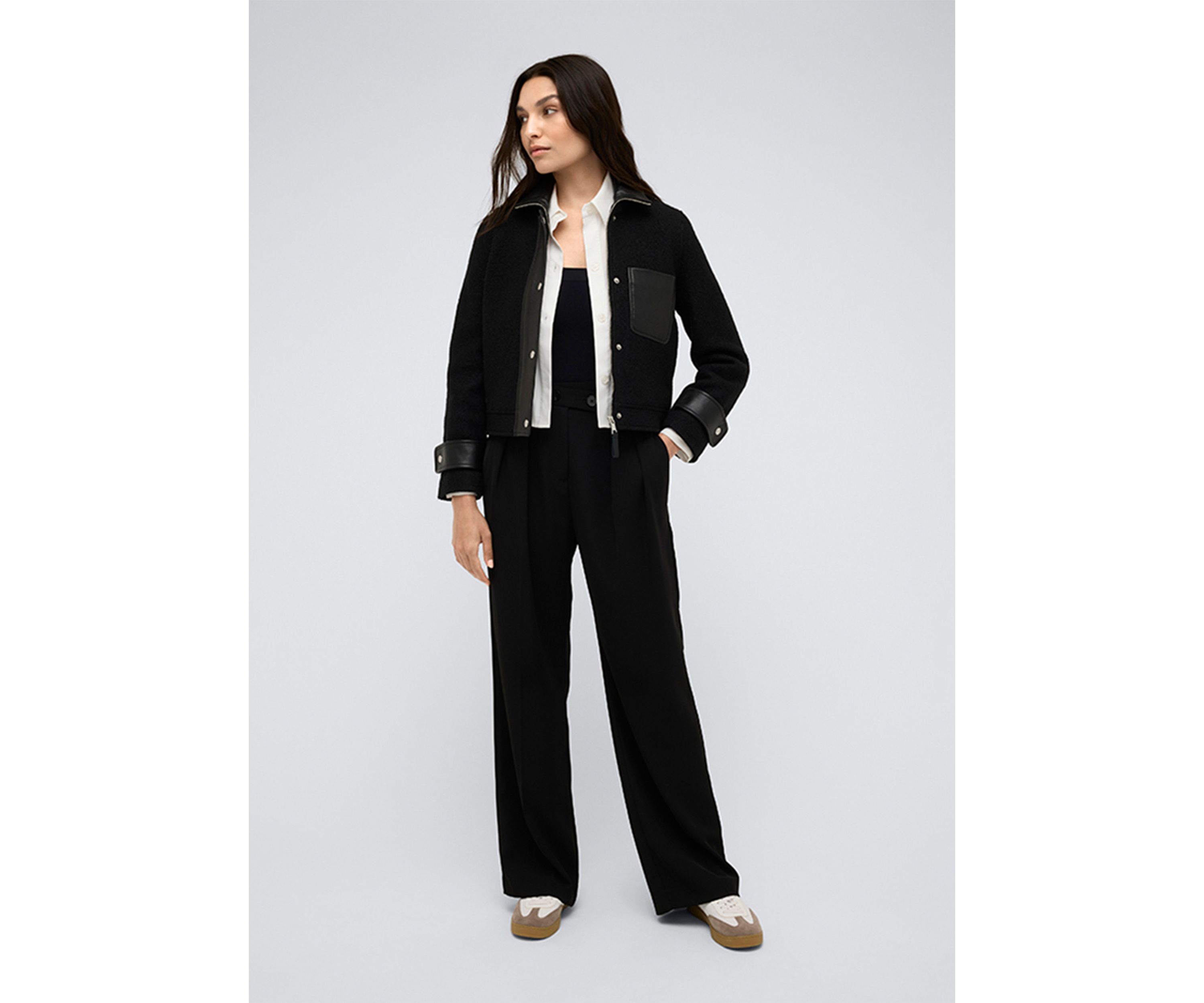 Womens Cropped Boxy Mixed Media Moto Jackett