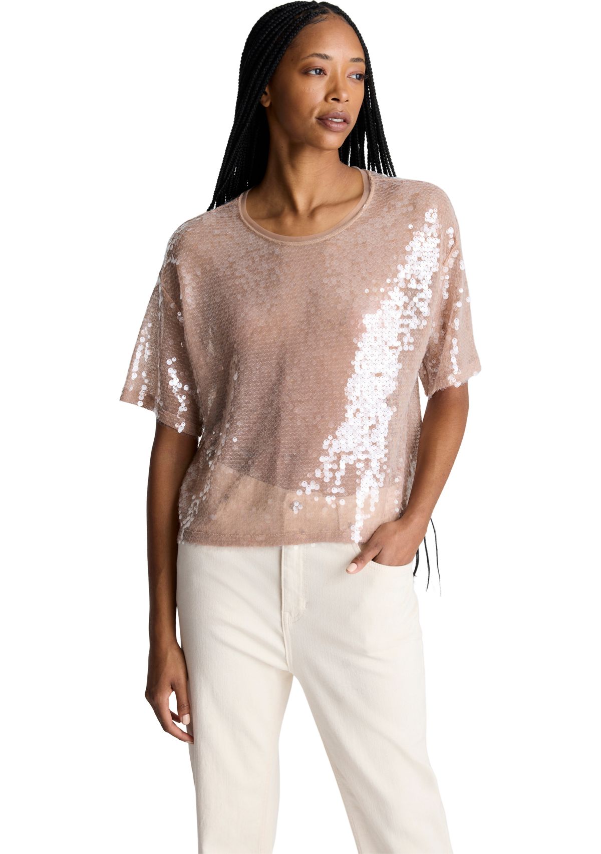 Womens Short Sleeve Oversized Sequin T-Shirt 