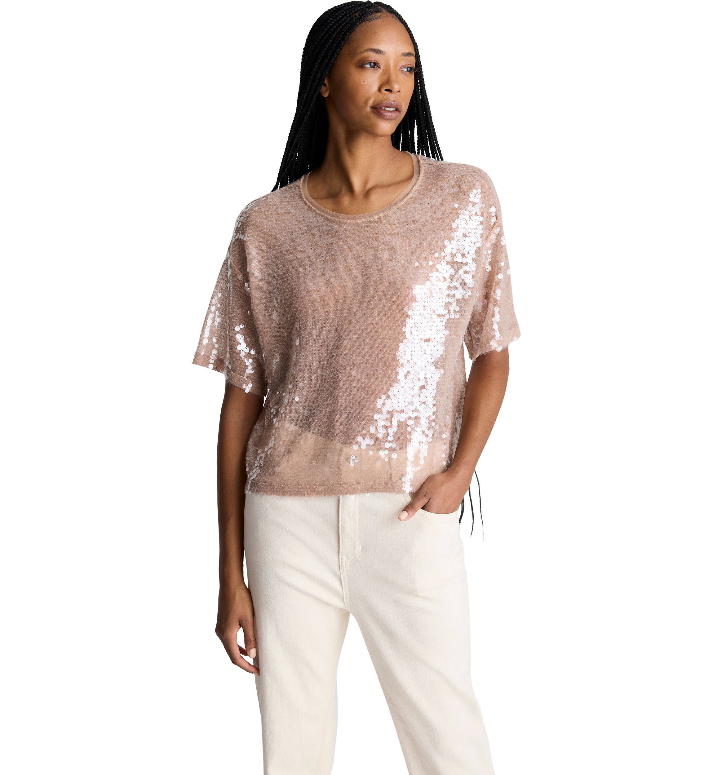 Womens Short Sleeve Oversized Sequin T-Shirt 