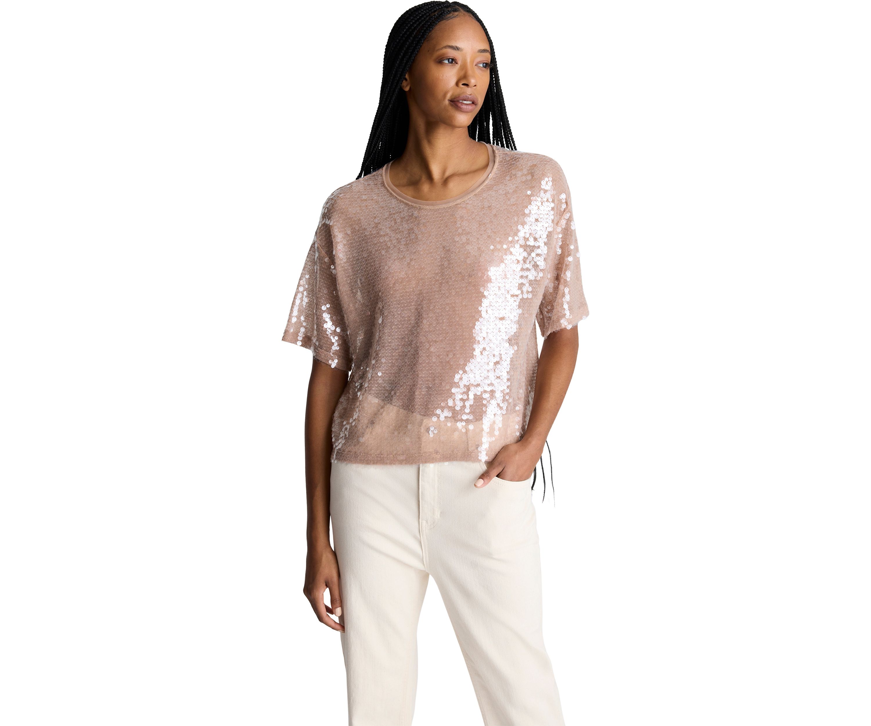 Womens Short Sleeve Oversized Sequin T-Shirt 