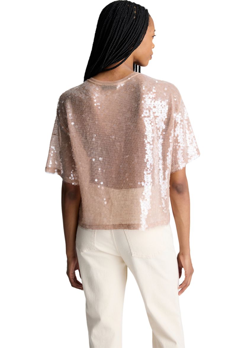 Womens Short Sleeve Oversized Sequin T-Shirt 