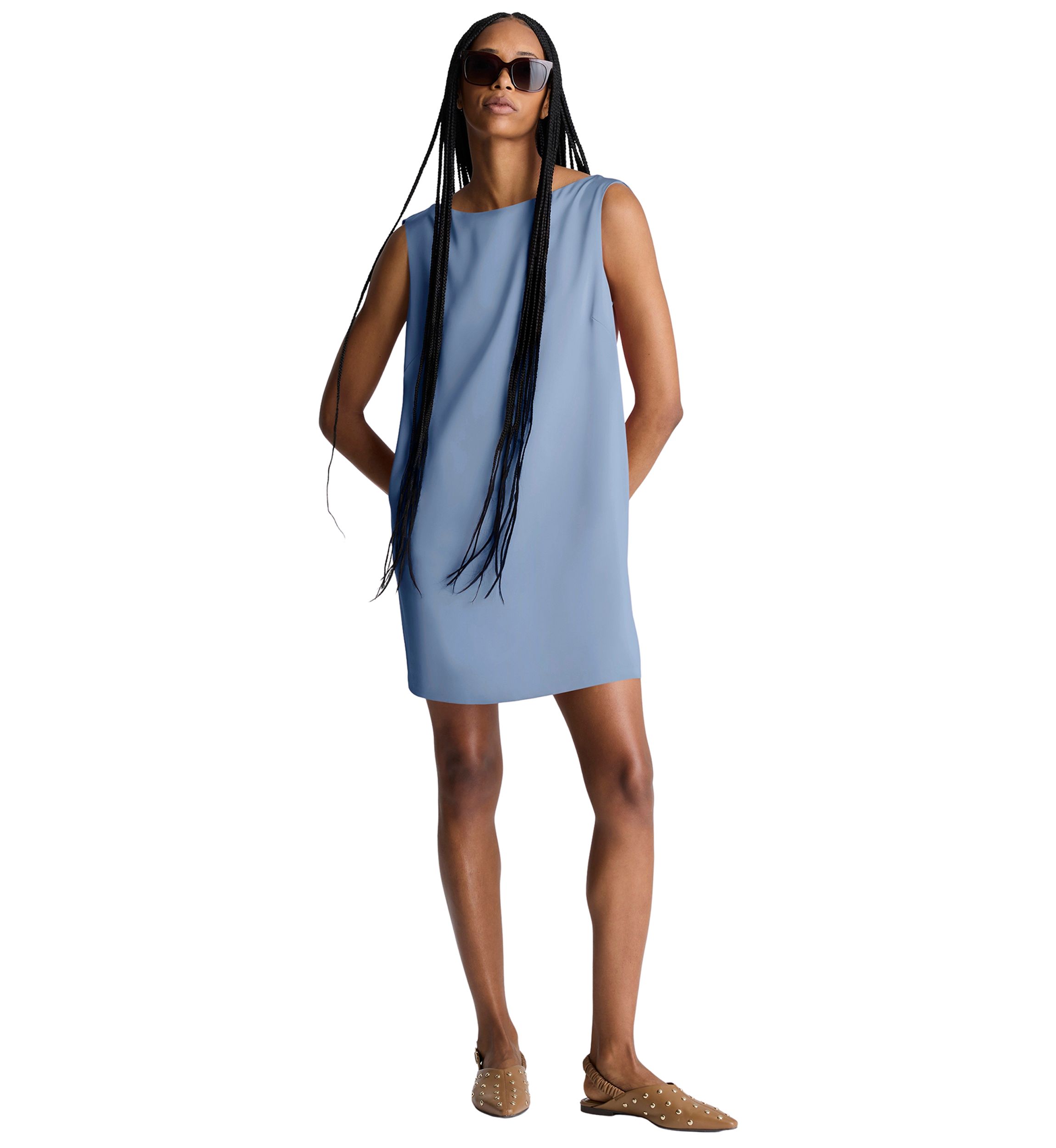 Womens Sleeveless Drape Back Satin Mini Dress