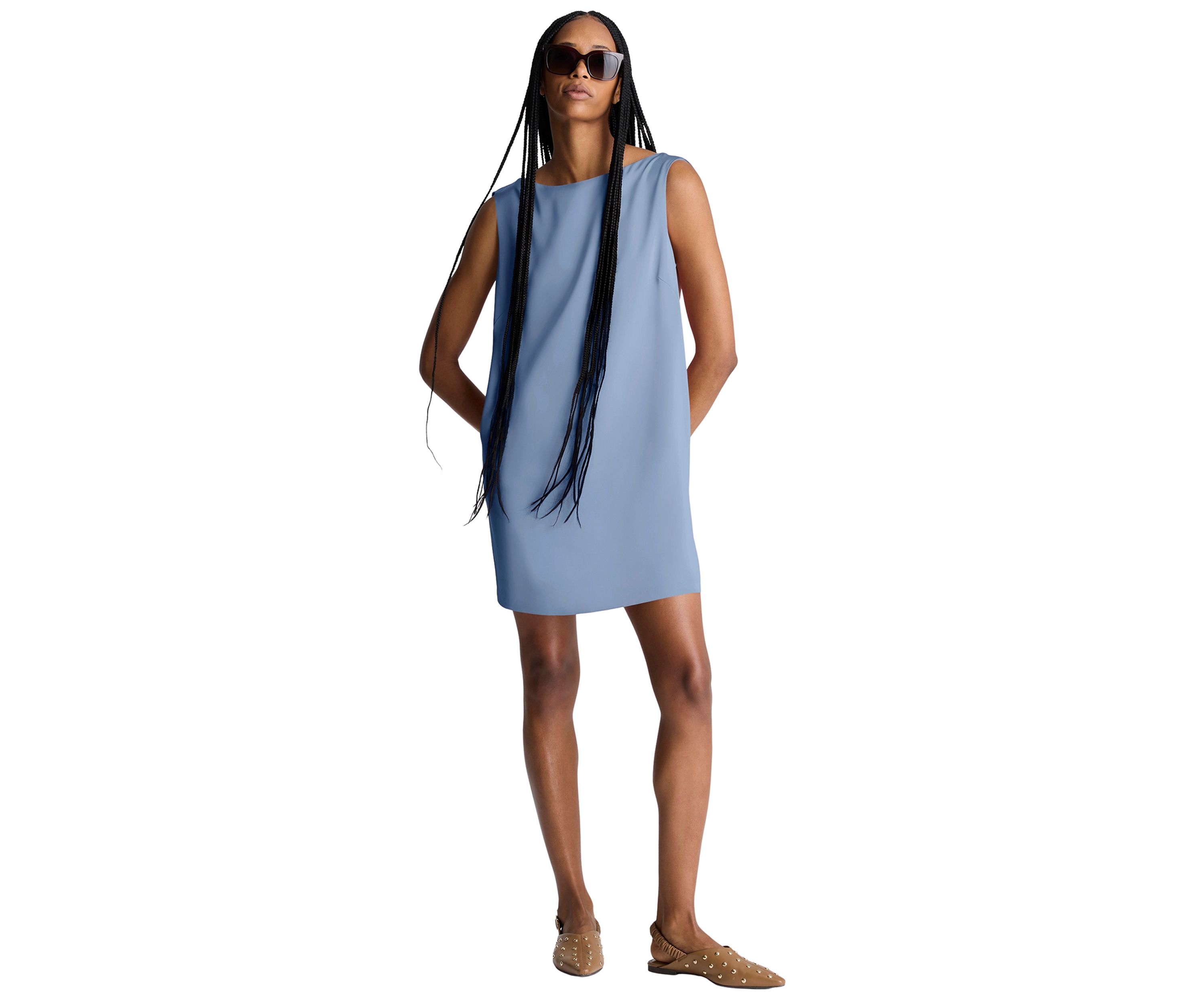Womens Sleeveless Drape Back Satin Mini Dress