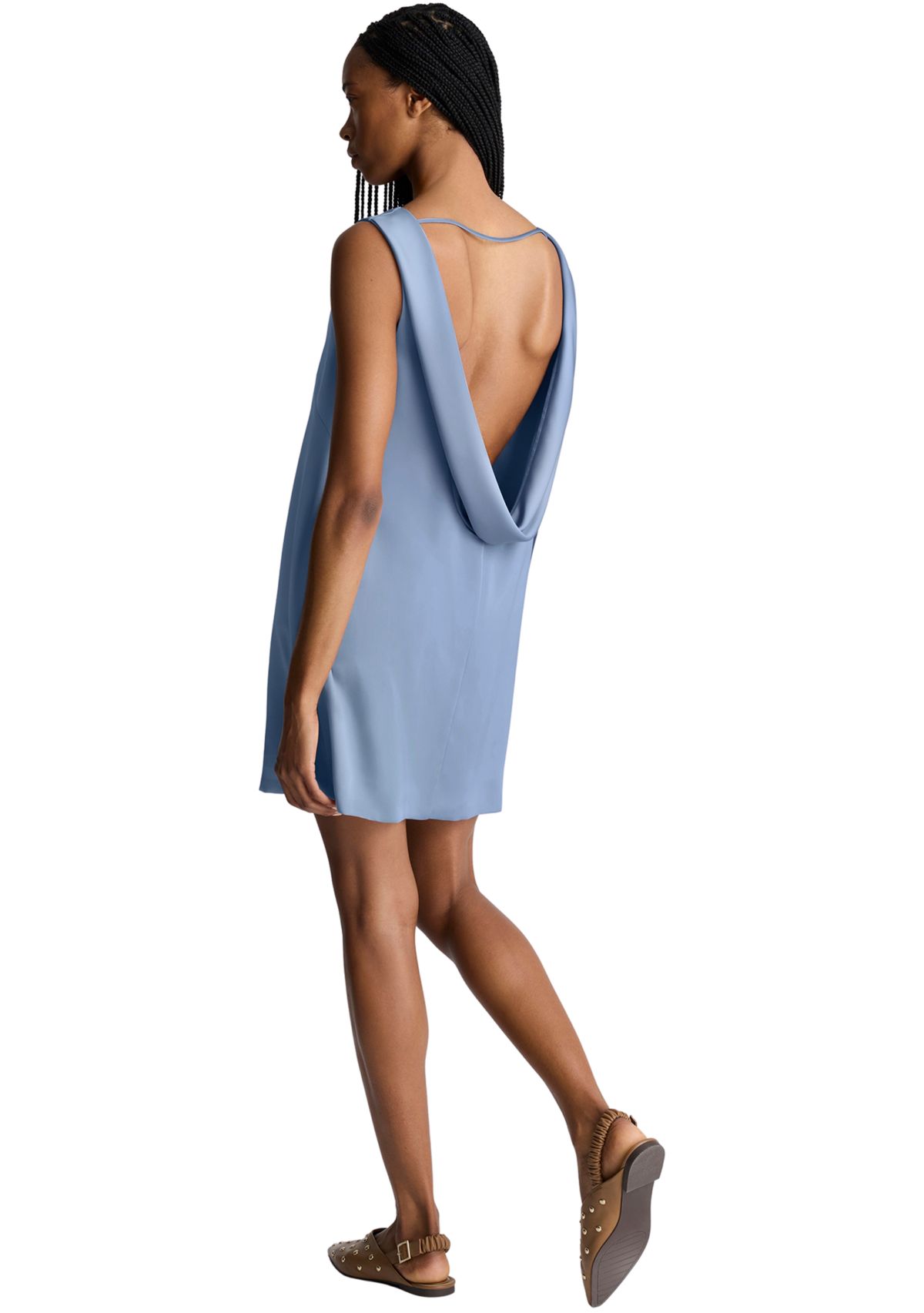Womens Sleeveless Drape Back Satin Mini Dress