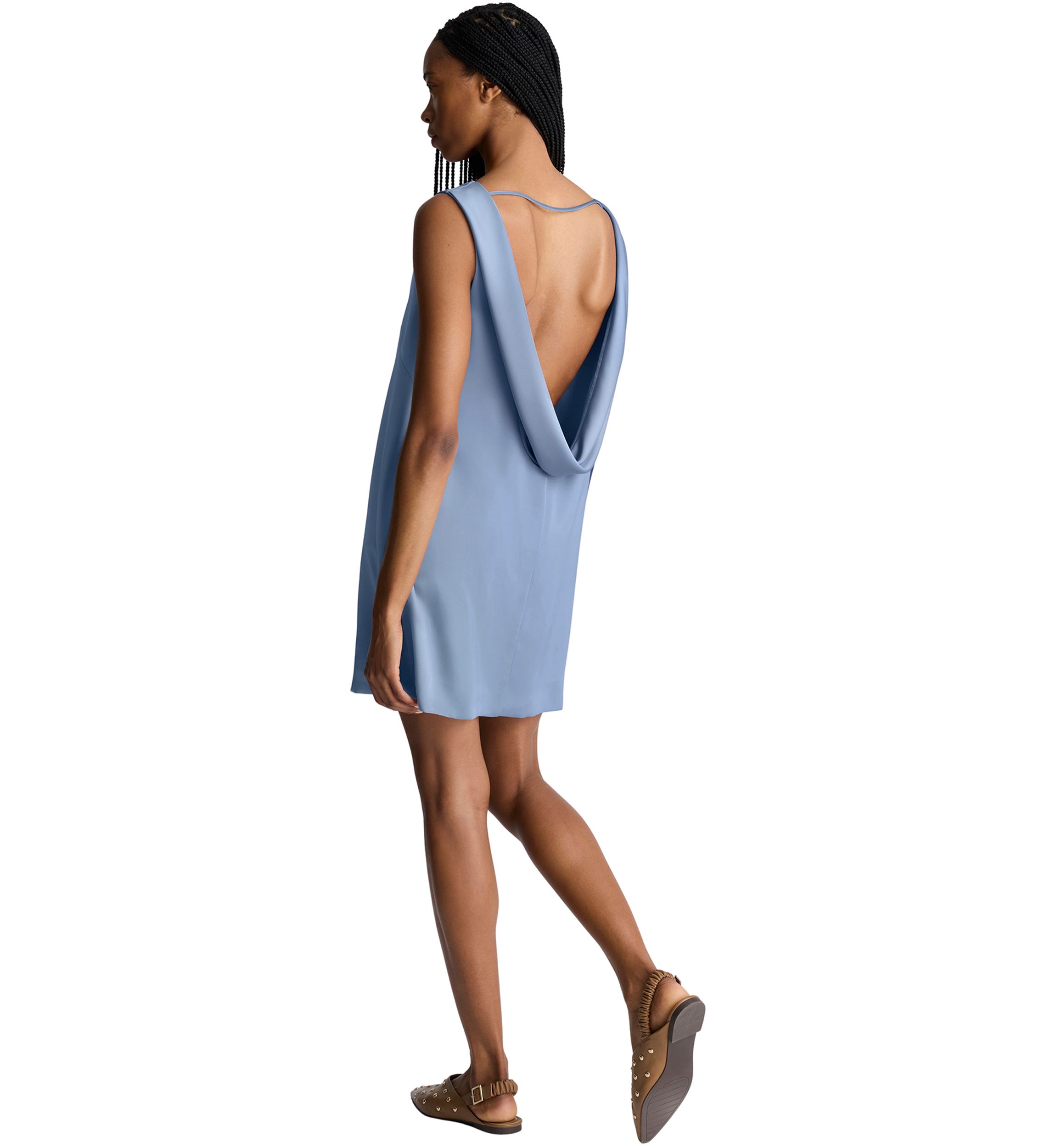 Womens Sleeveless Drape Back Satin Mini Dress