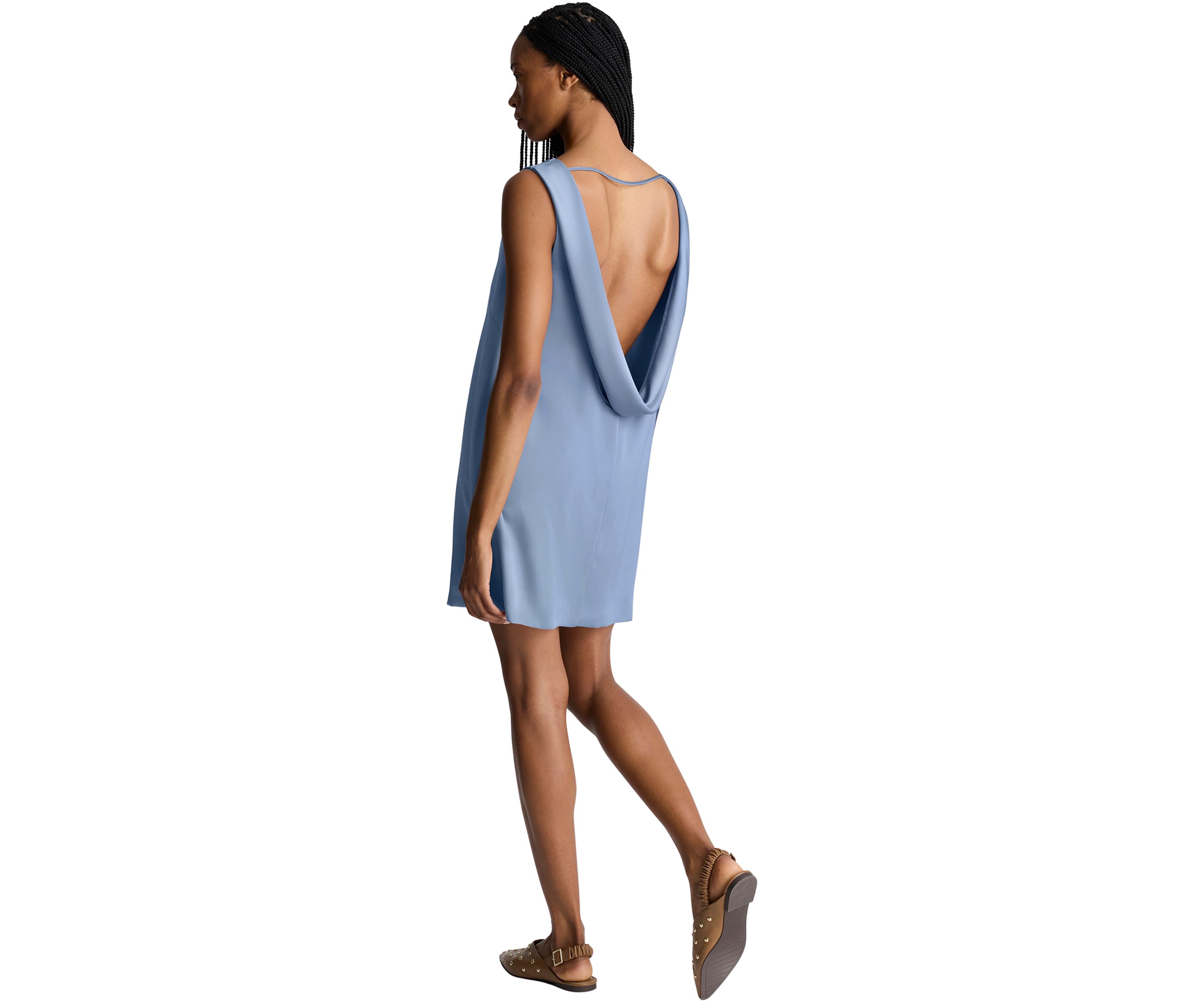 Womens Sleeveless Drape Back Satin Mini Dress