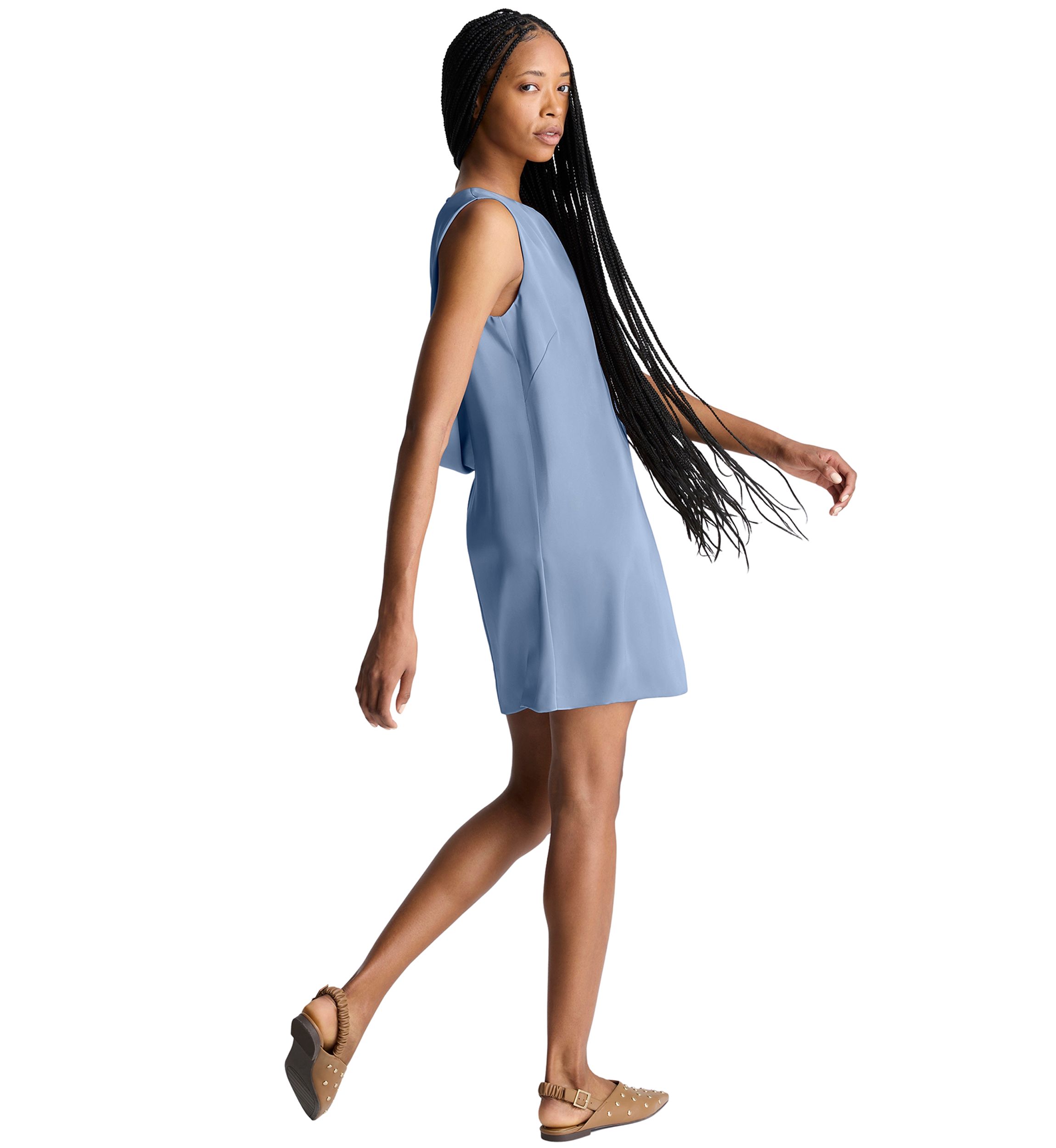 Womens Sleeveless Drape Back Satin Mini Dress
