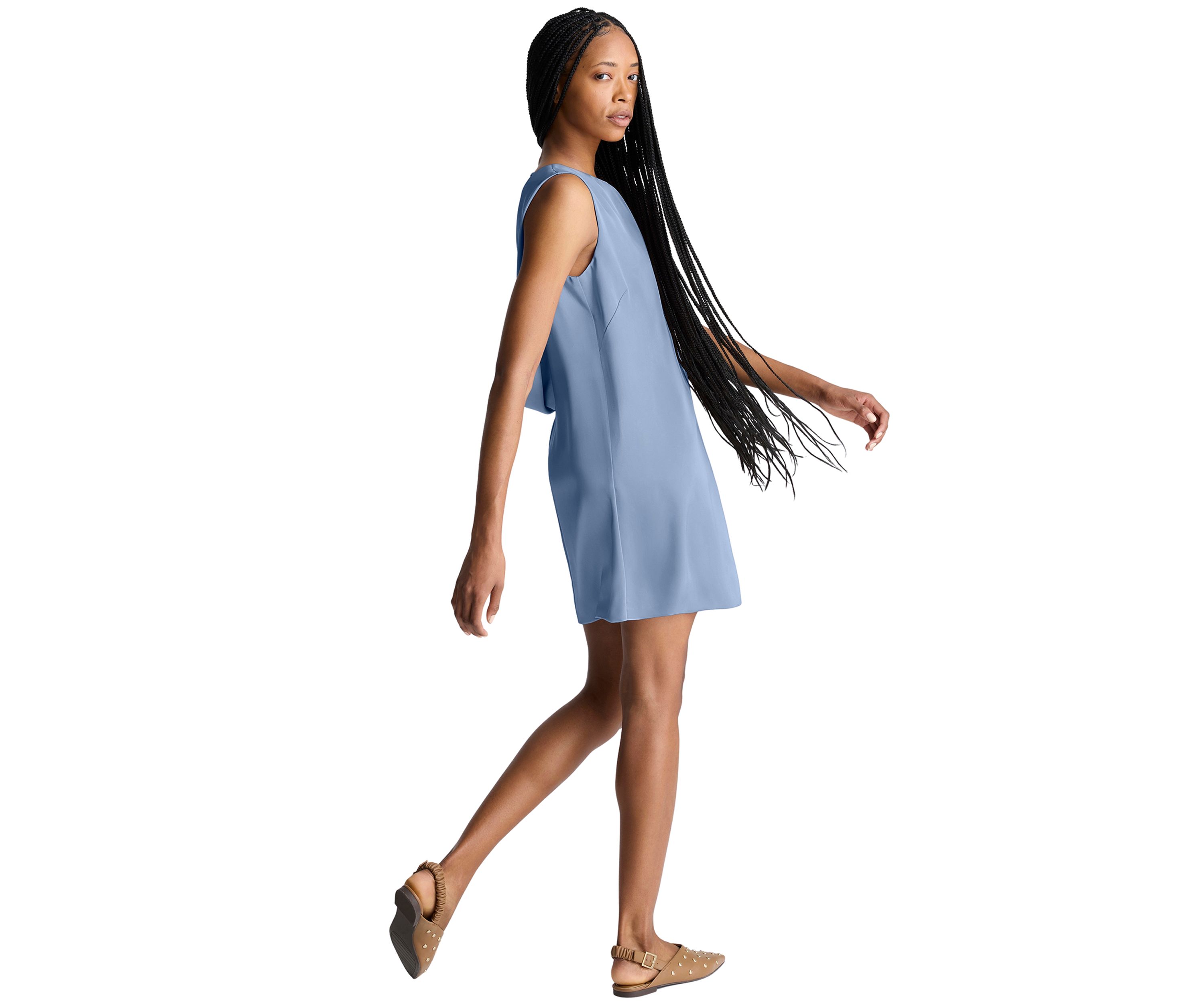 Womens Sleeveless Drape Back Satin Mini Dress