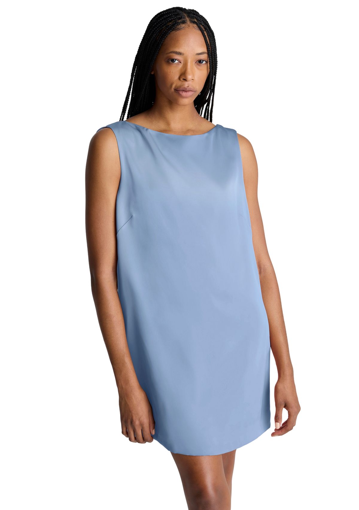 Womens Sleeveless Drape Back Satin Mini Dress
