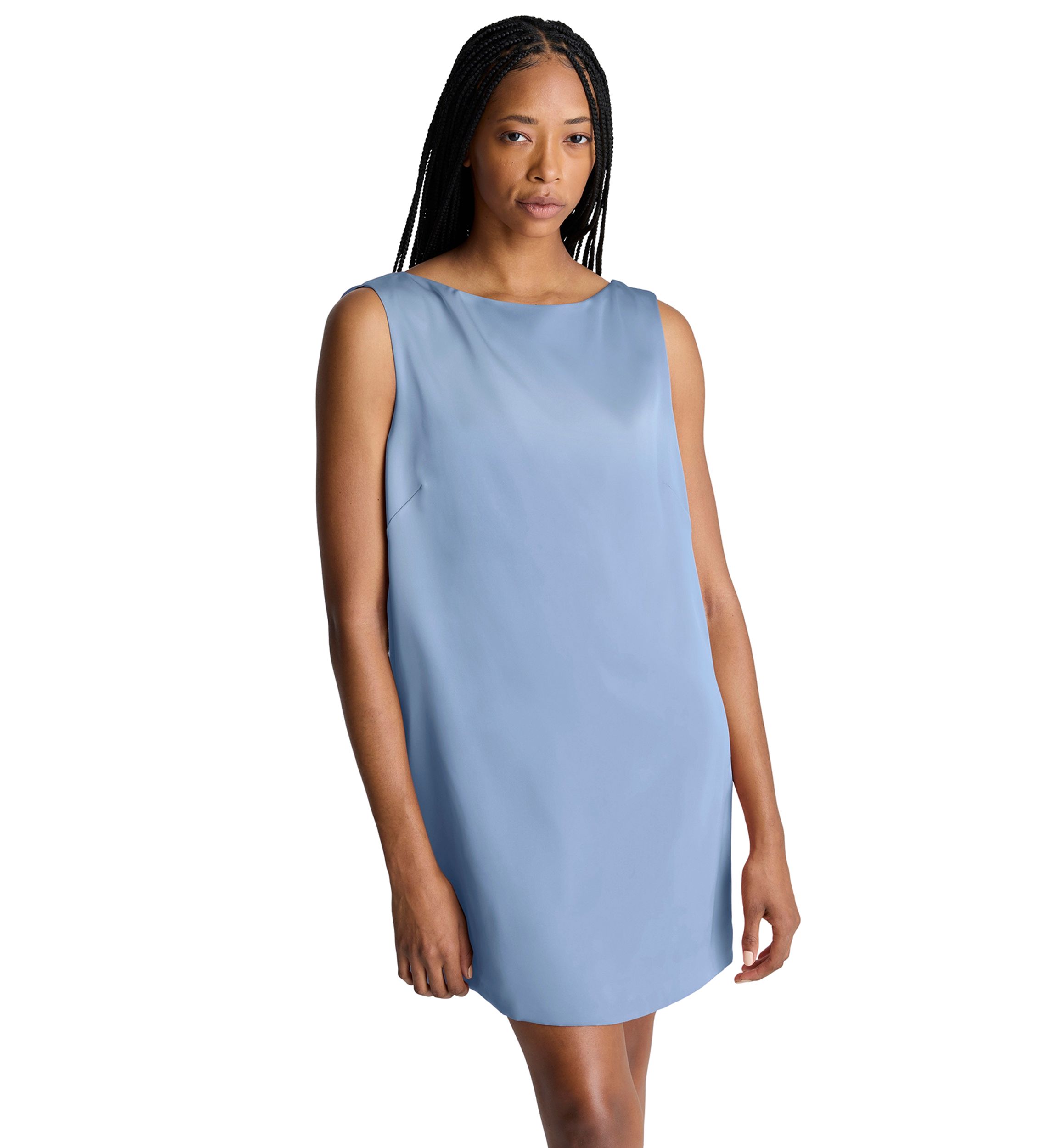 Womens Sleeveless Drape Back Satin Mini Dress