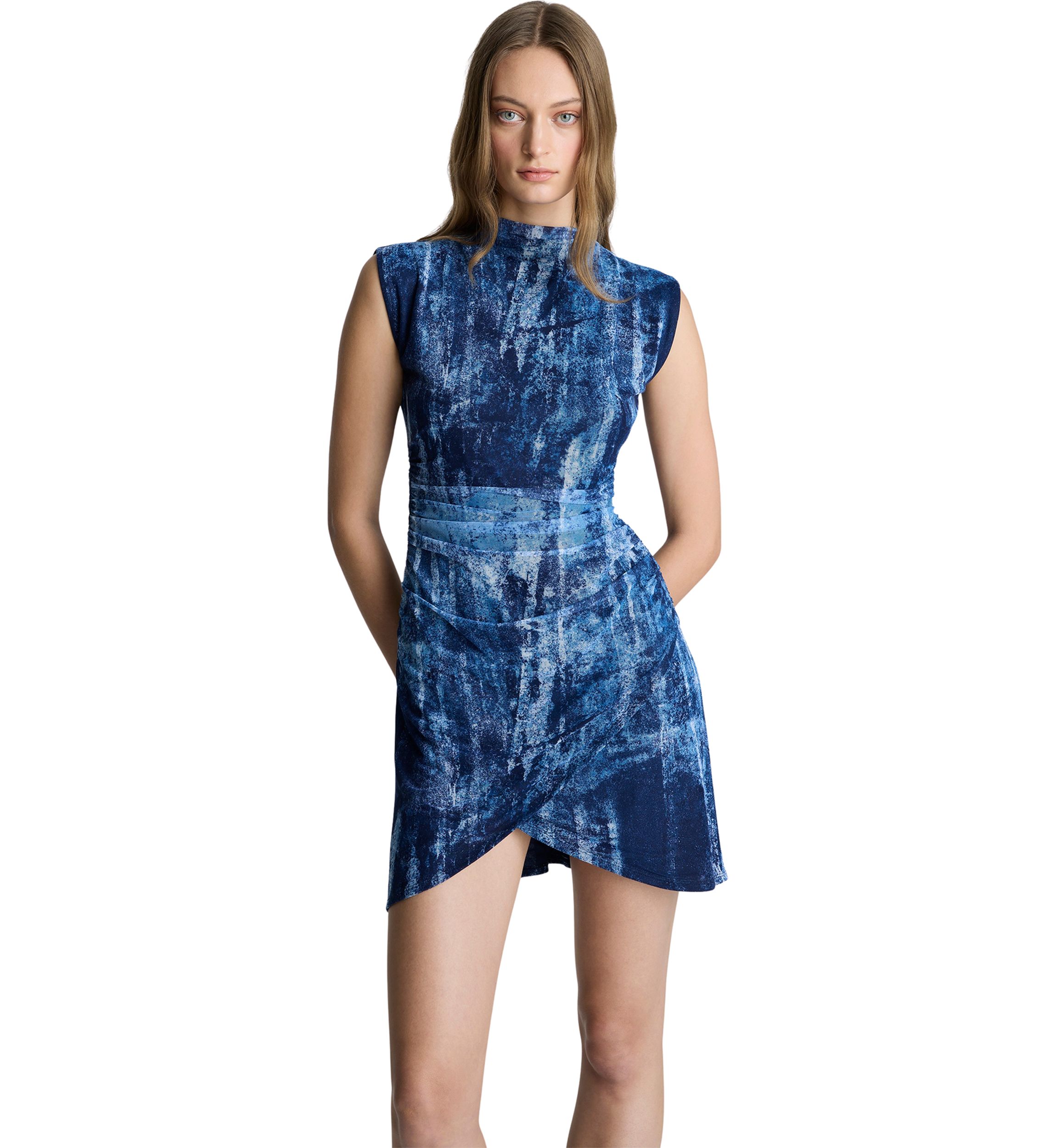 Womens Sleeveless Printed Wrap Skirted Mini Dress