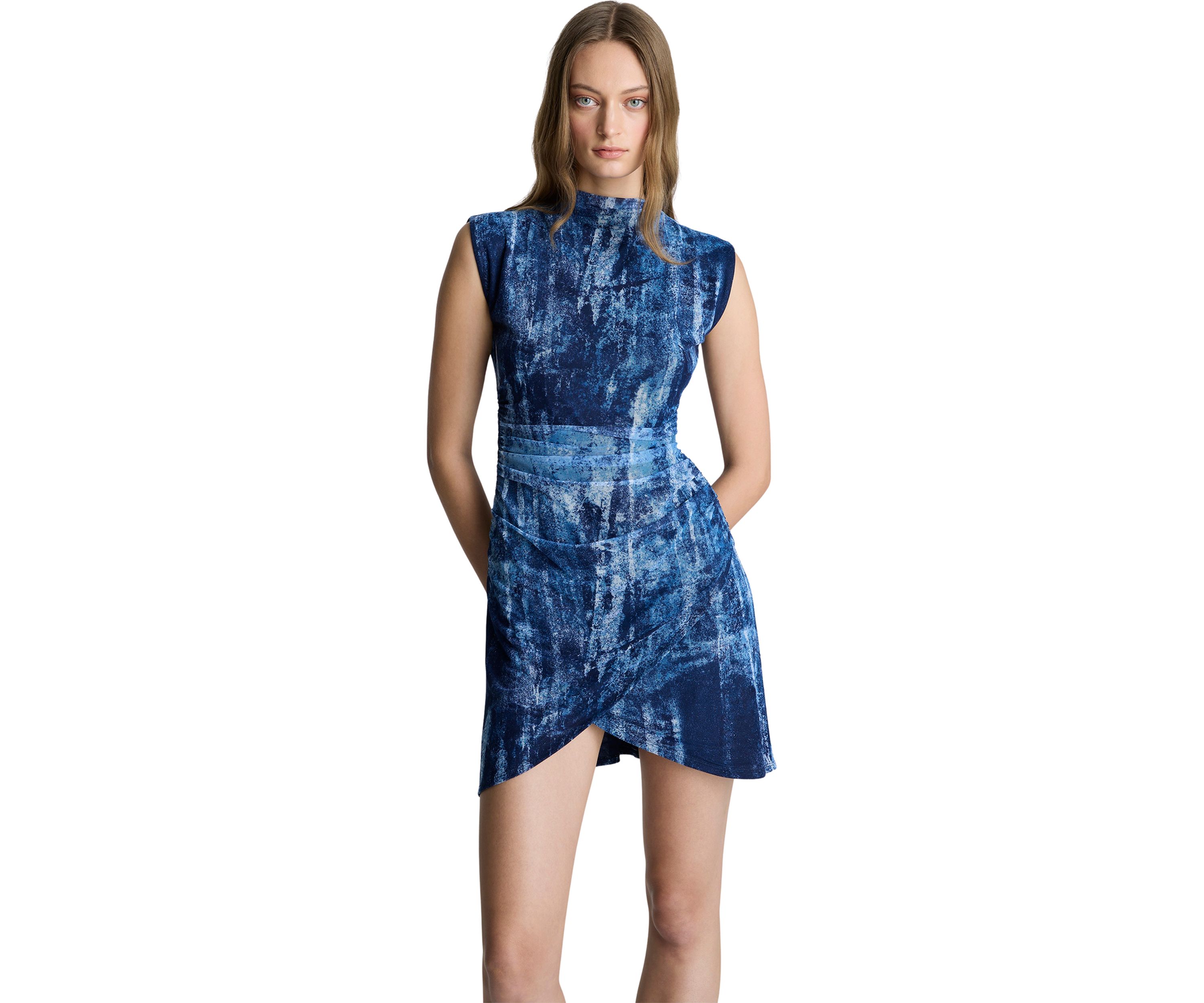 Womens Sleeveless Printed Wrap Skirted Mini Dress