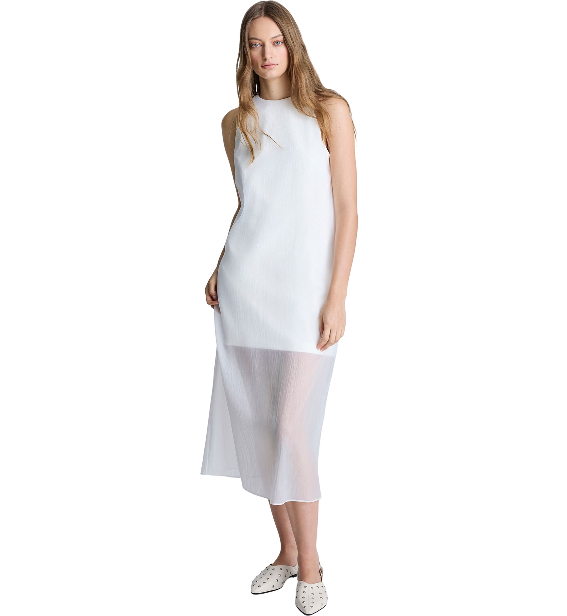 Womens Sleeveless Sheer Hem Midi Dress