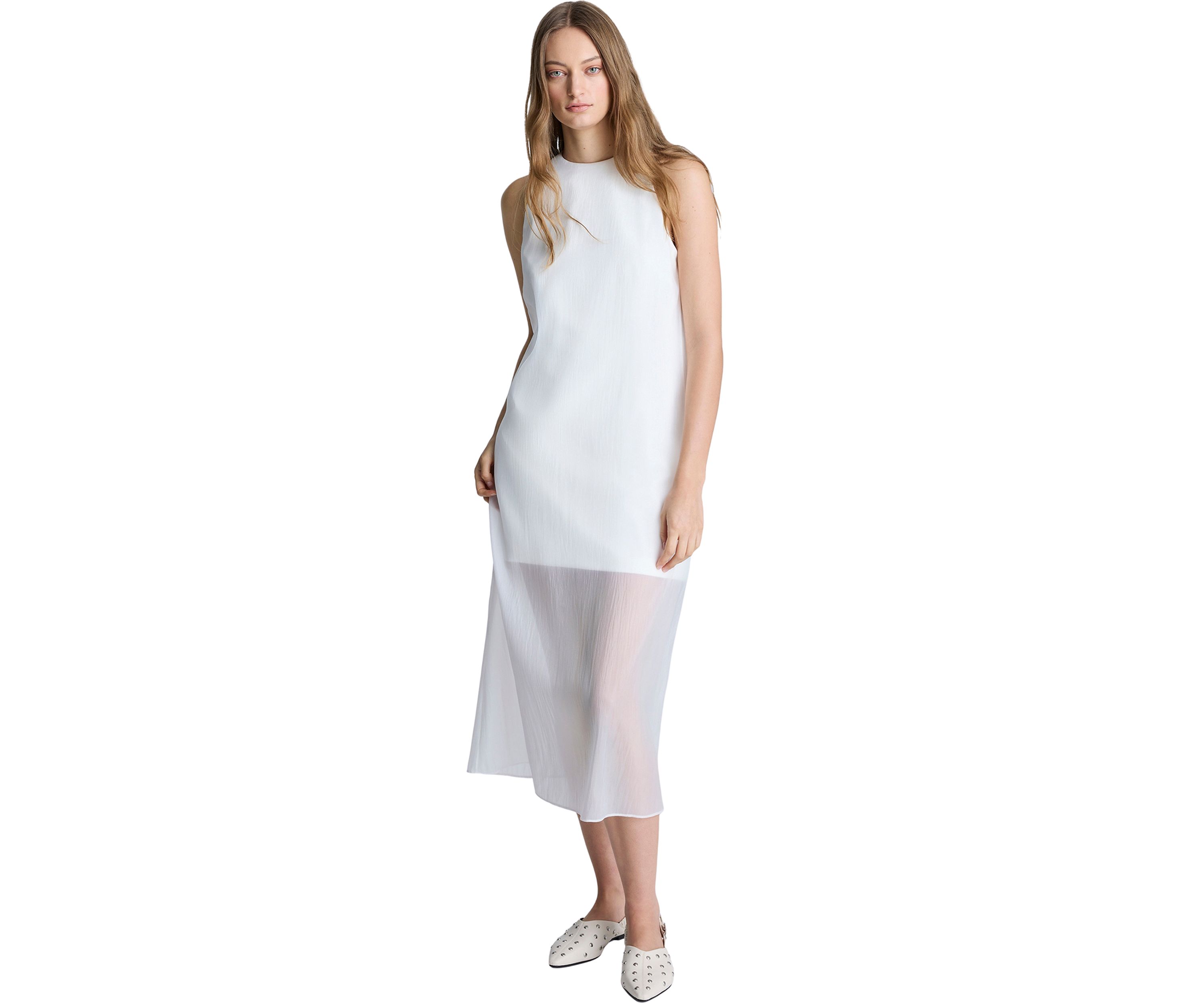 Womens Sleeveless Sheer Hem Midi Dress