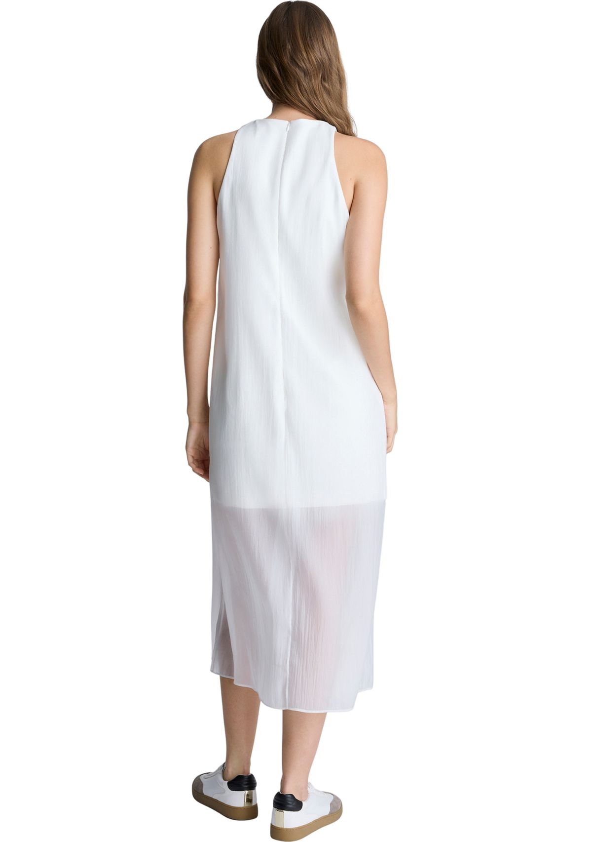 Womens Sleeveless Sheer Hem Midi Dress
