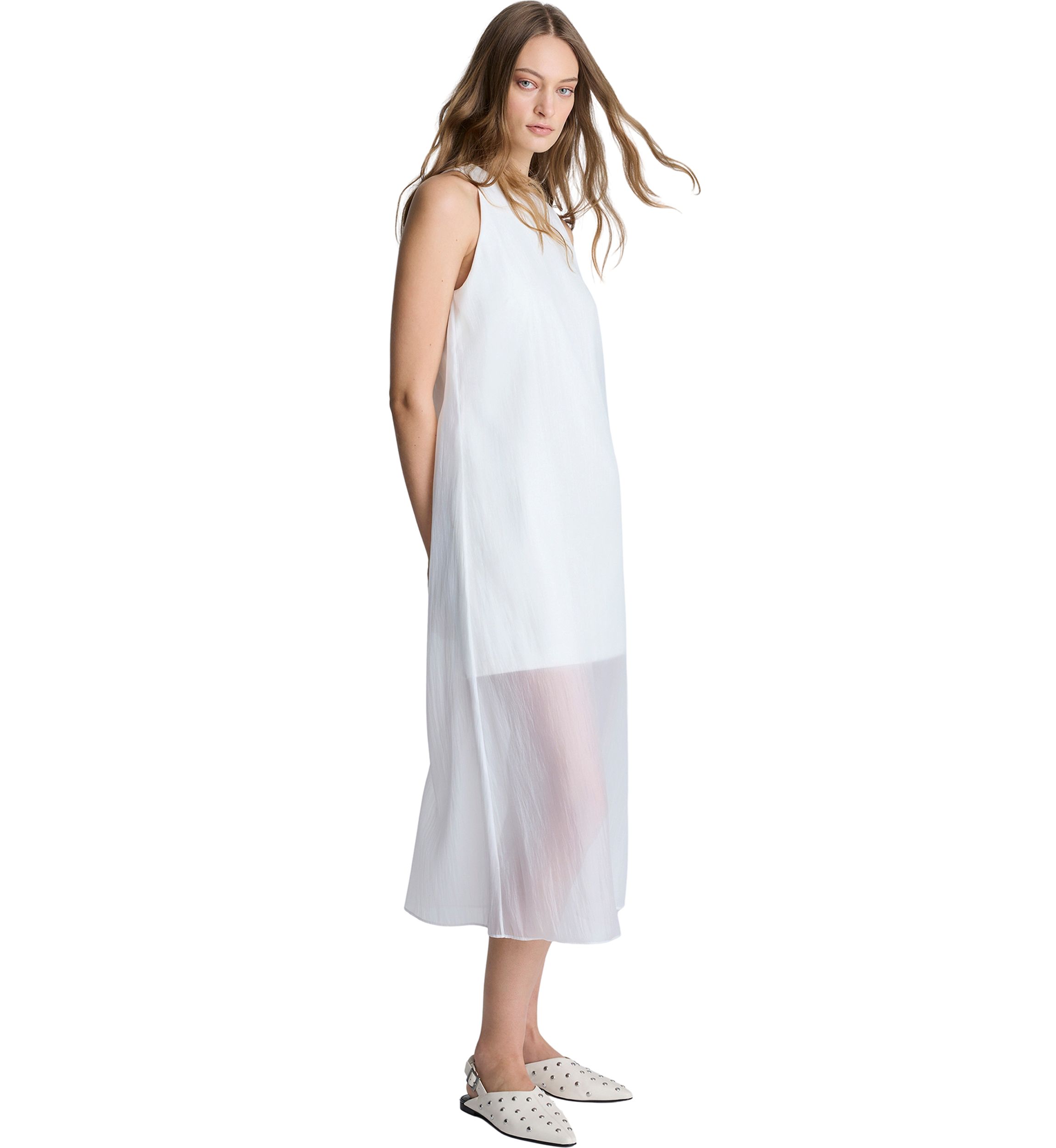 Womens Sleeveless Sheer Hem Midi Dress