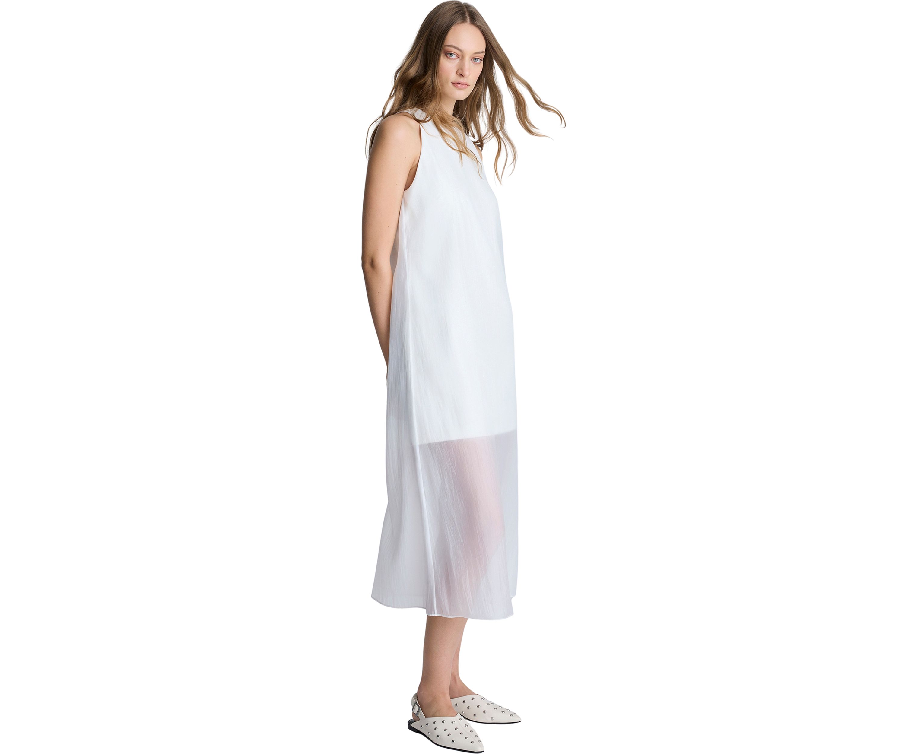 Womens Sleeveless Sheer Hem Midi Dress