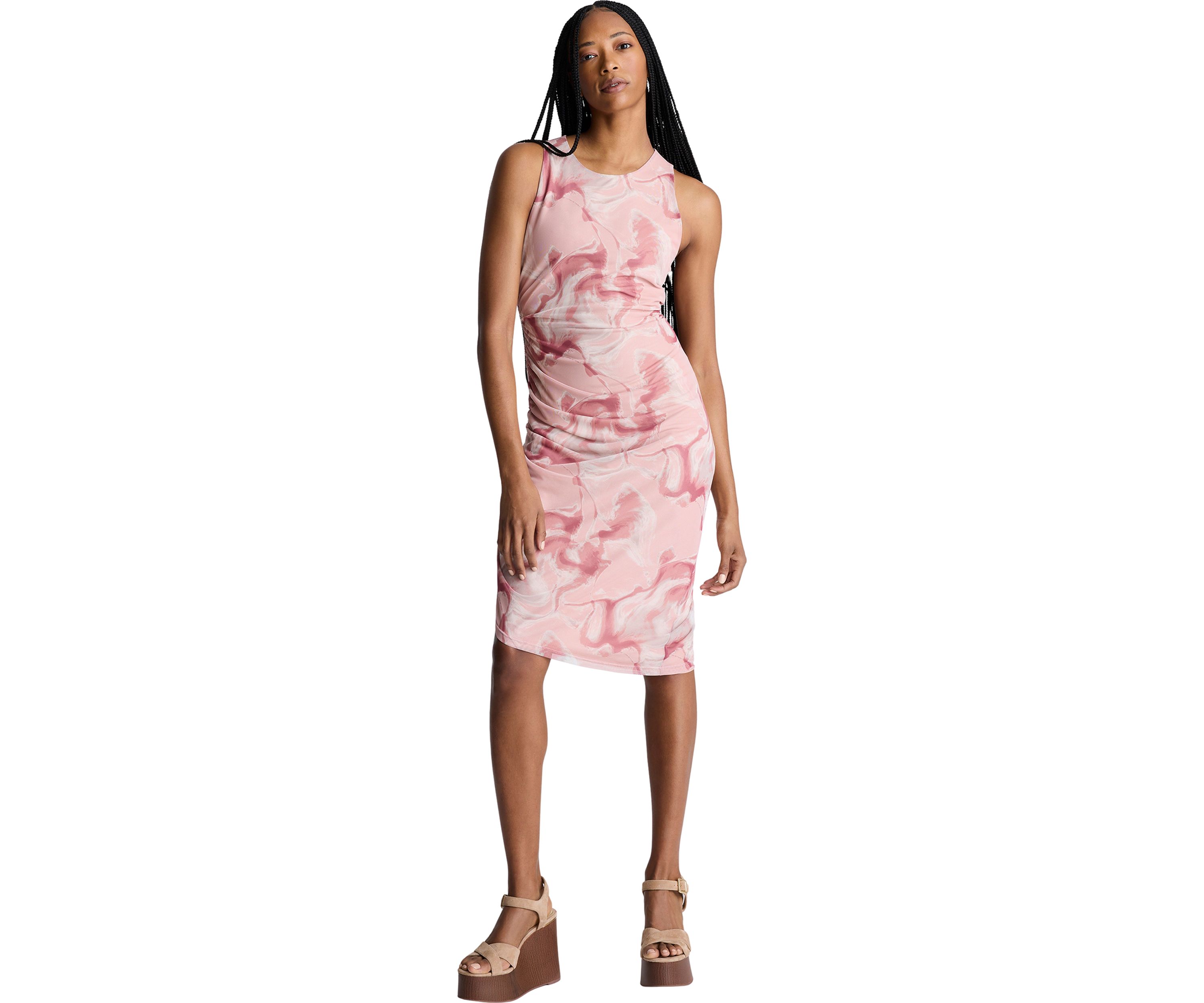 Womens Sleeveless Floral Side Ruch Dress
