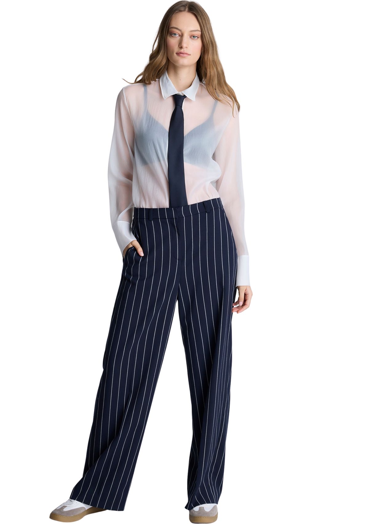 Womens Wide Leg Pinstripe Trousers 