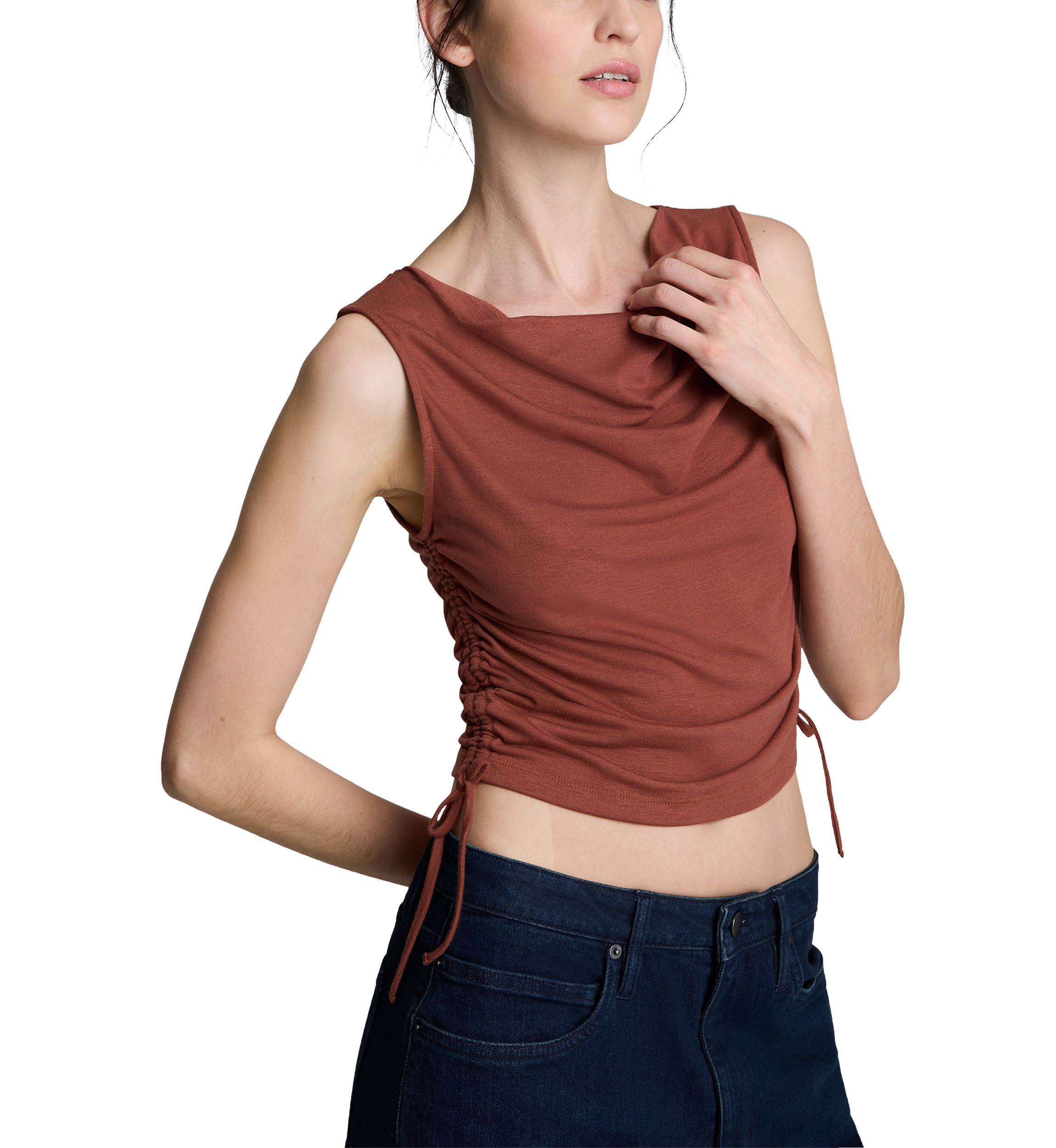 Womens Sleeveless Side Ruched Tie Top