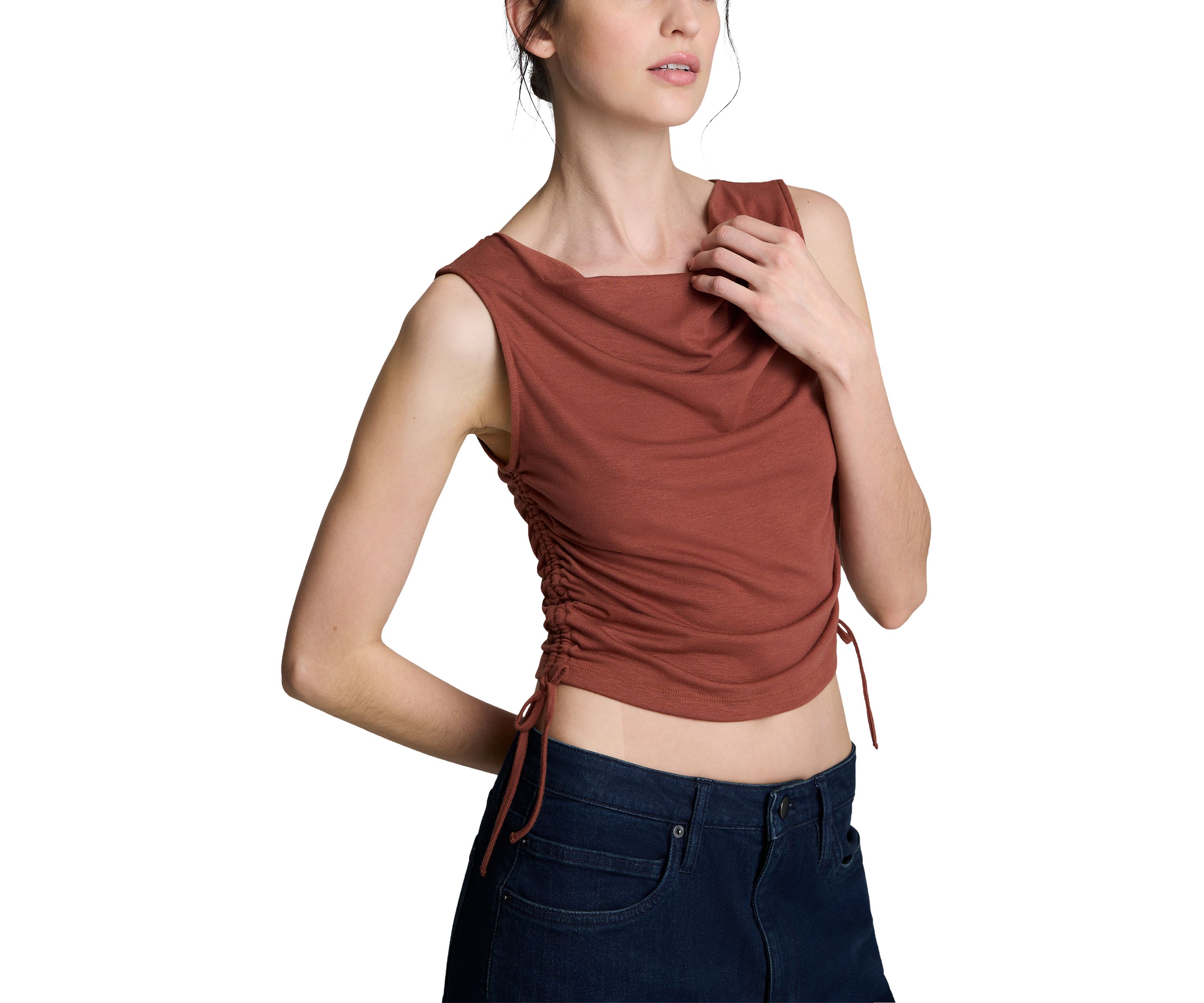 Womens Sleeveless Side Ruched Tie Top