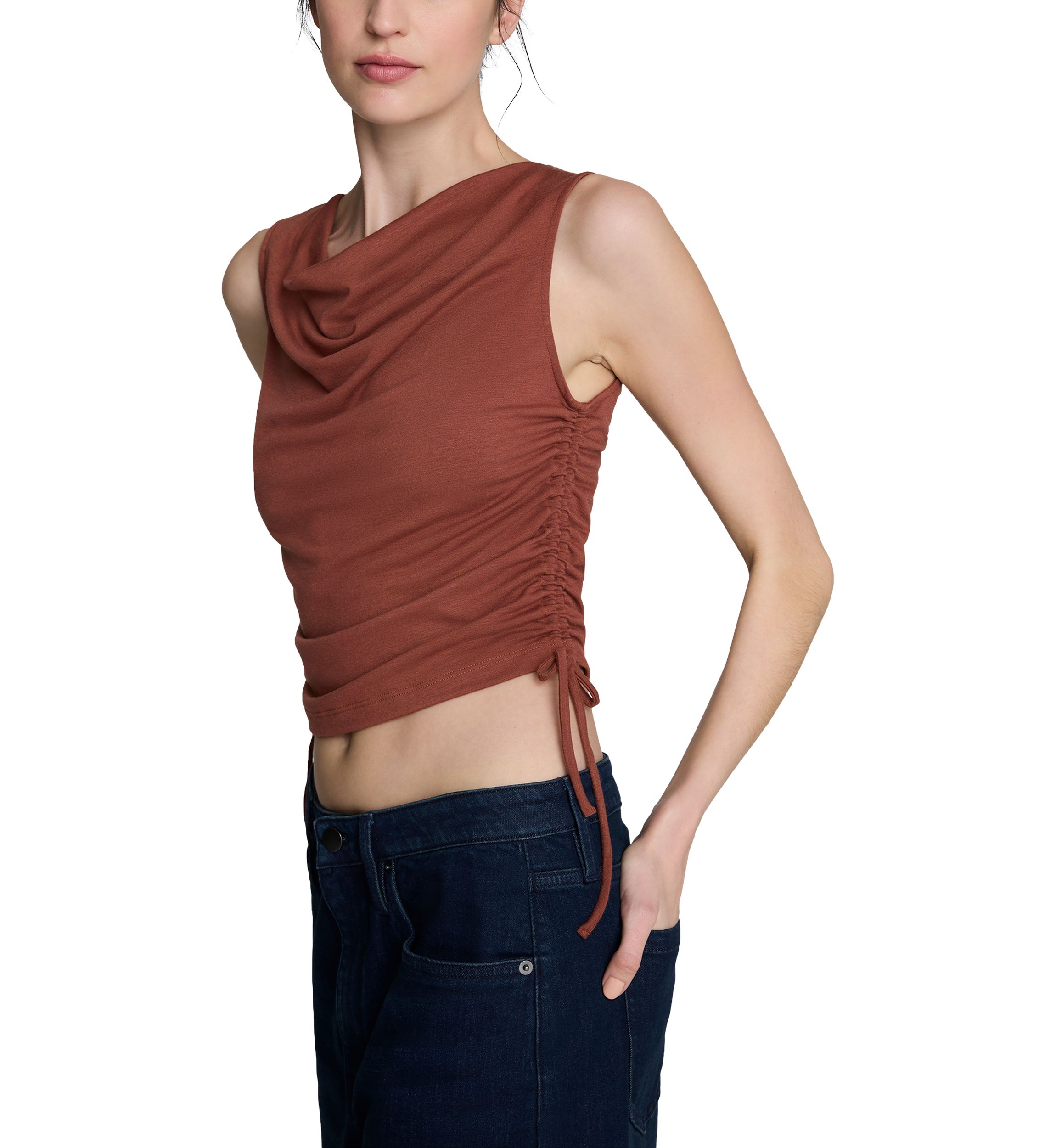 Womens Sleeveless Side Ruched Tie Top