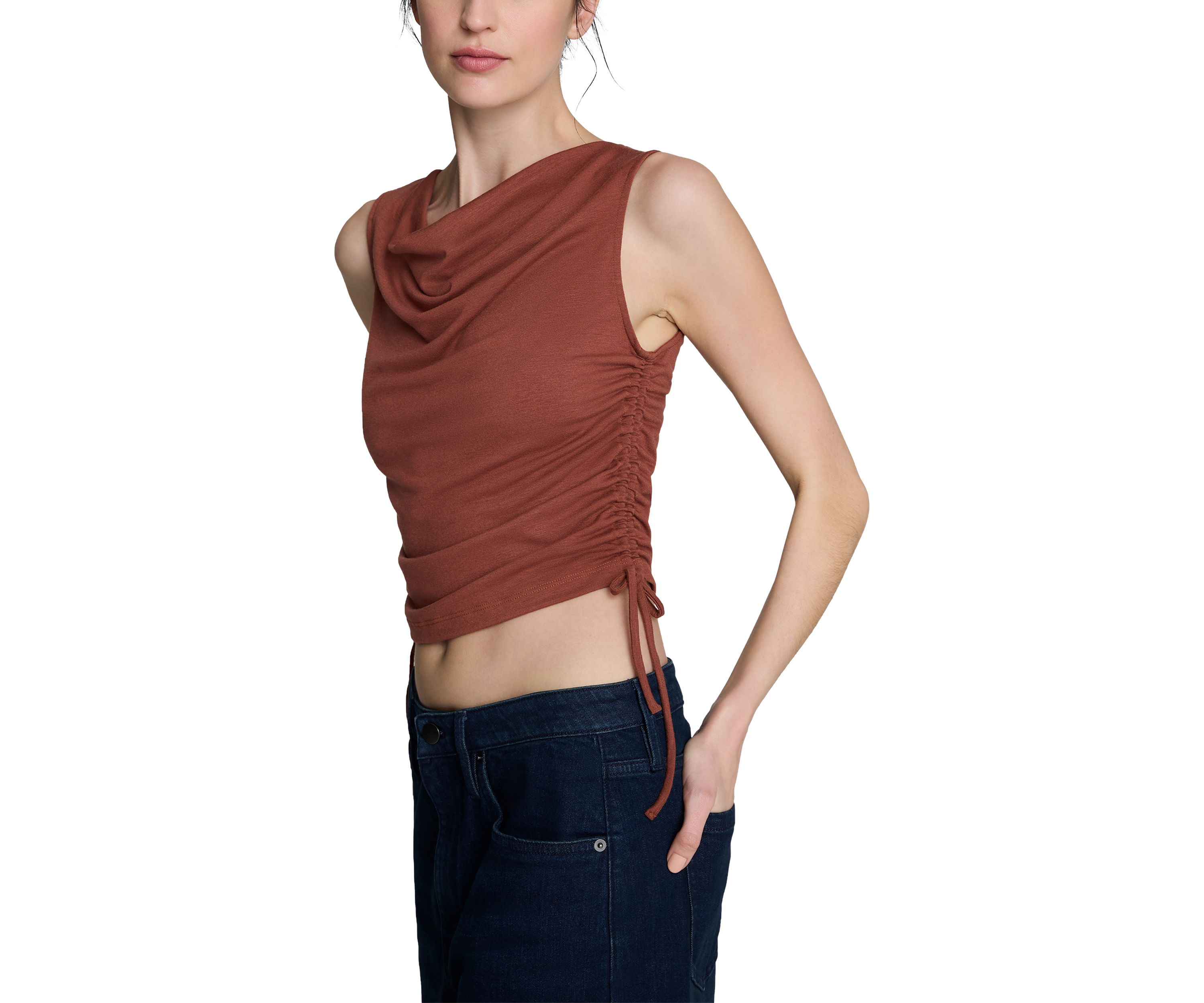 Womens Sleeveless Side Ruched Tie Top