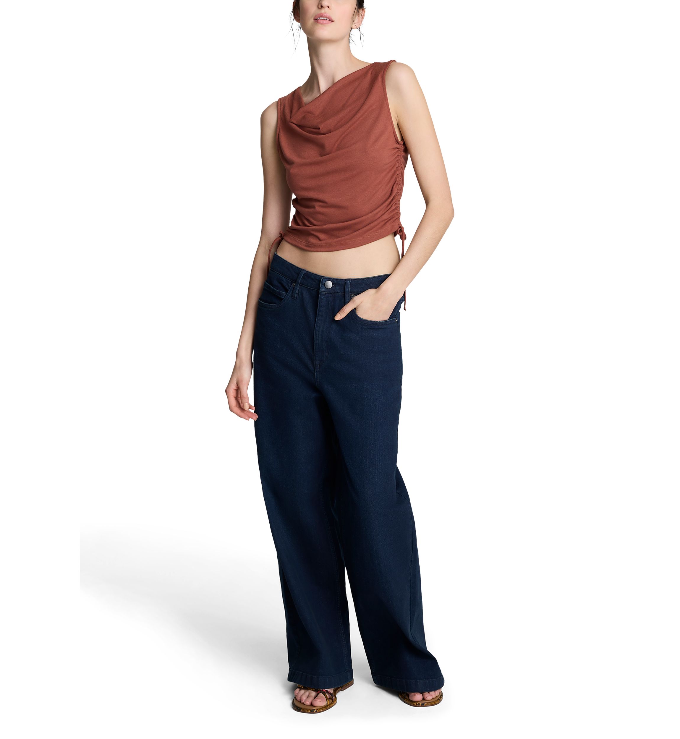 Womens Sleeveless Side Ruched Tie Top