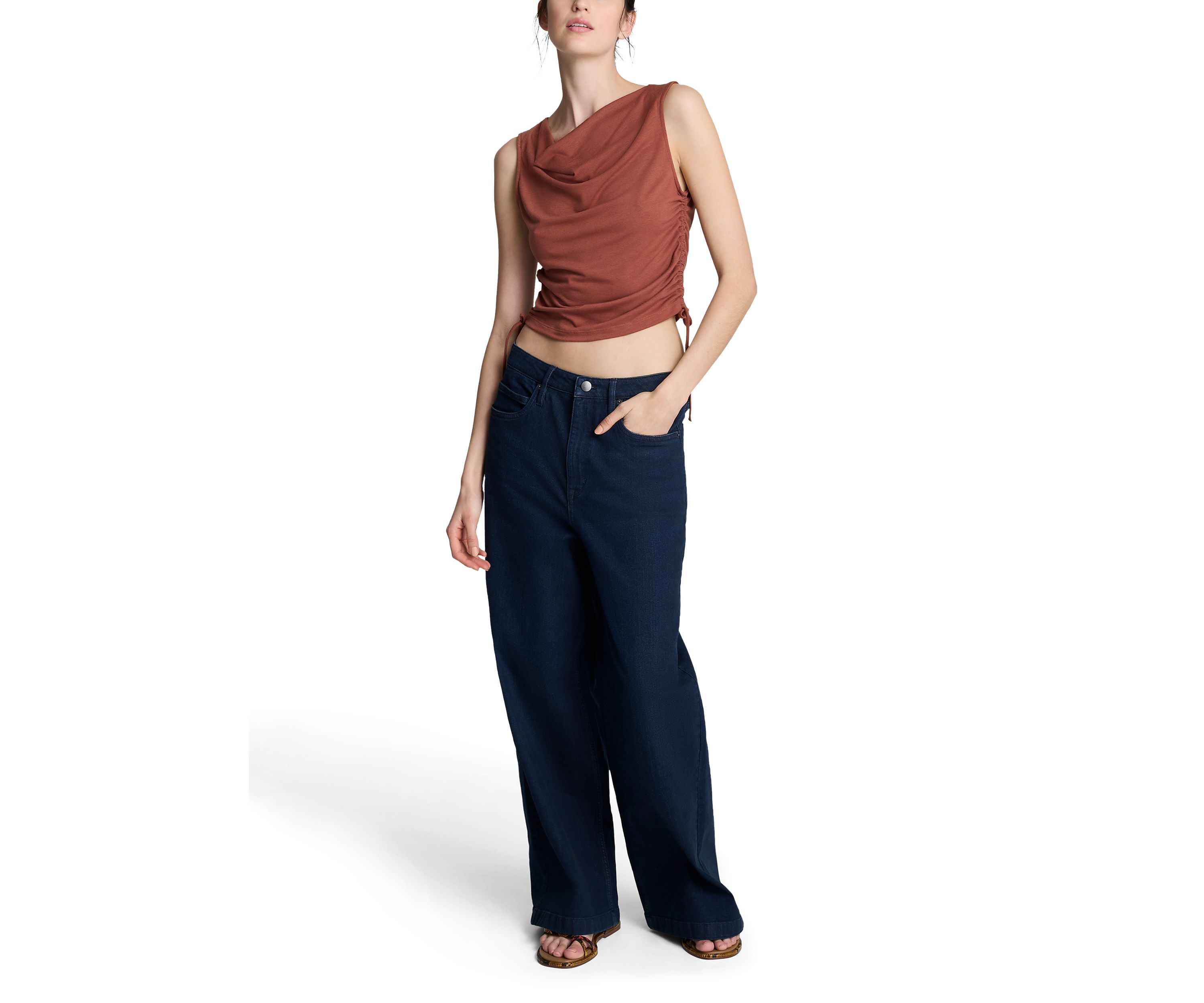Womens Sleeveless Side Ruched Tie Top