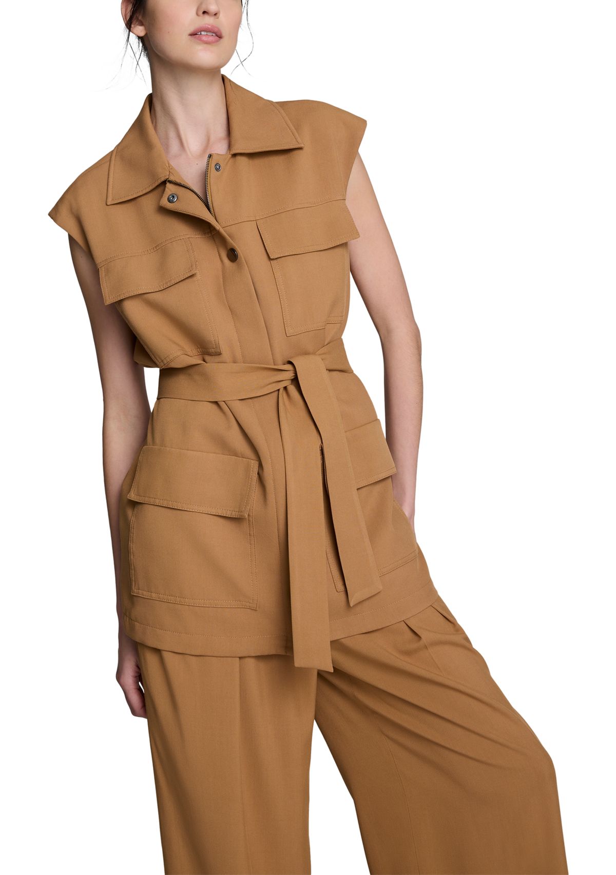 Womens Sleeveless Tie Utility Jacket