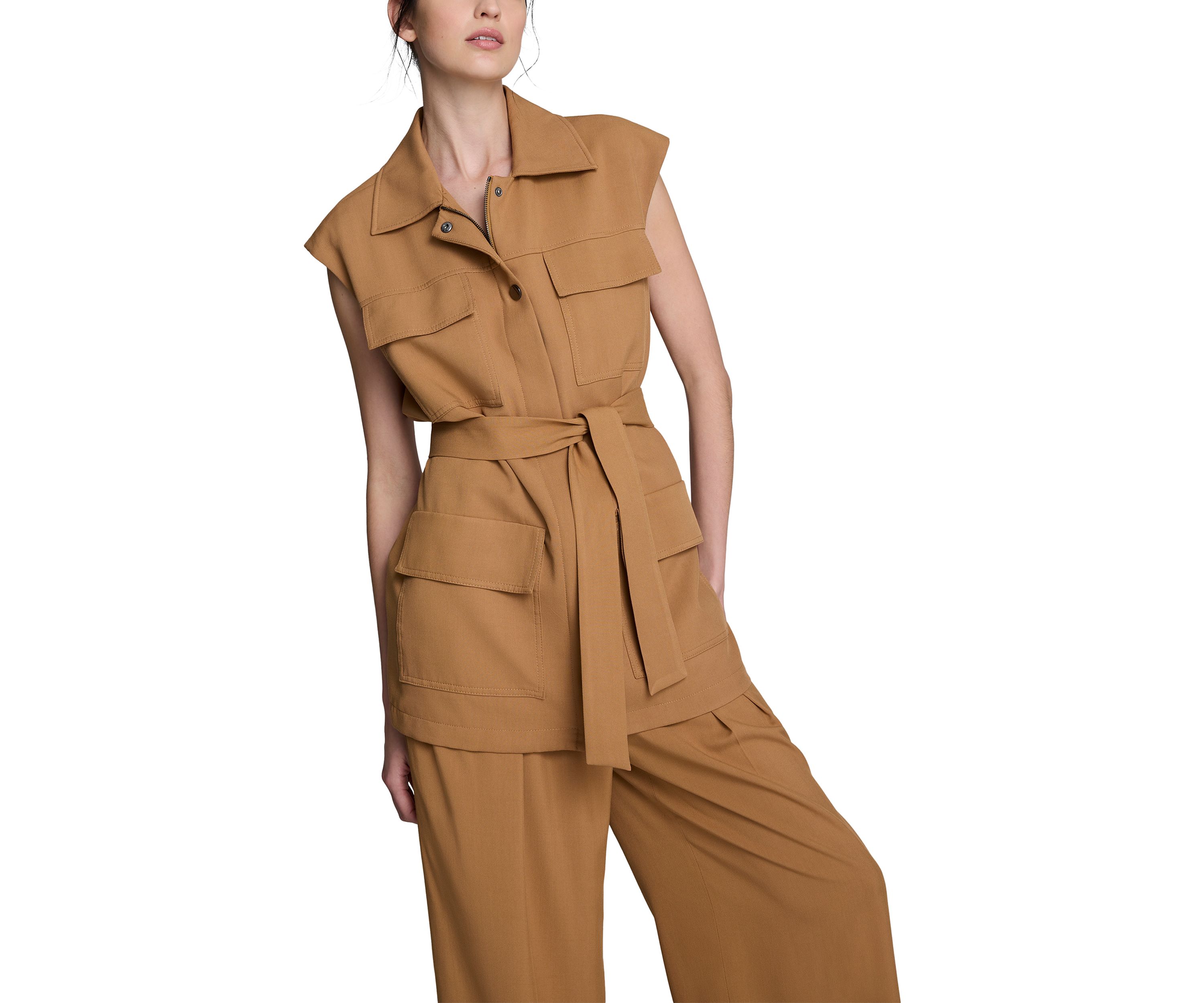 Womens Sleeveless Tie Utility Jacket
