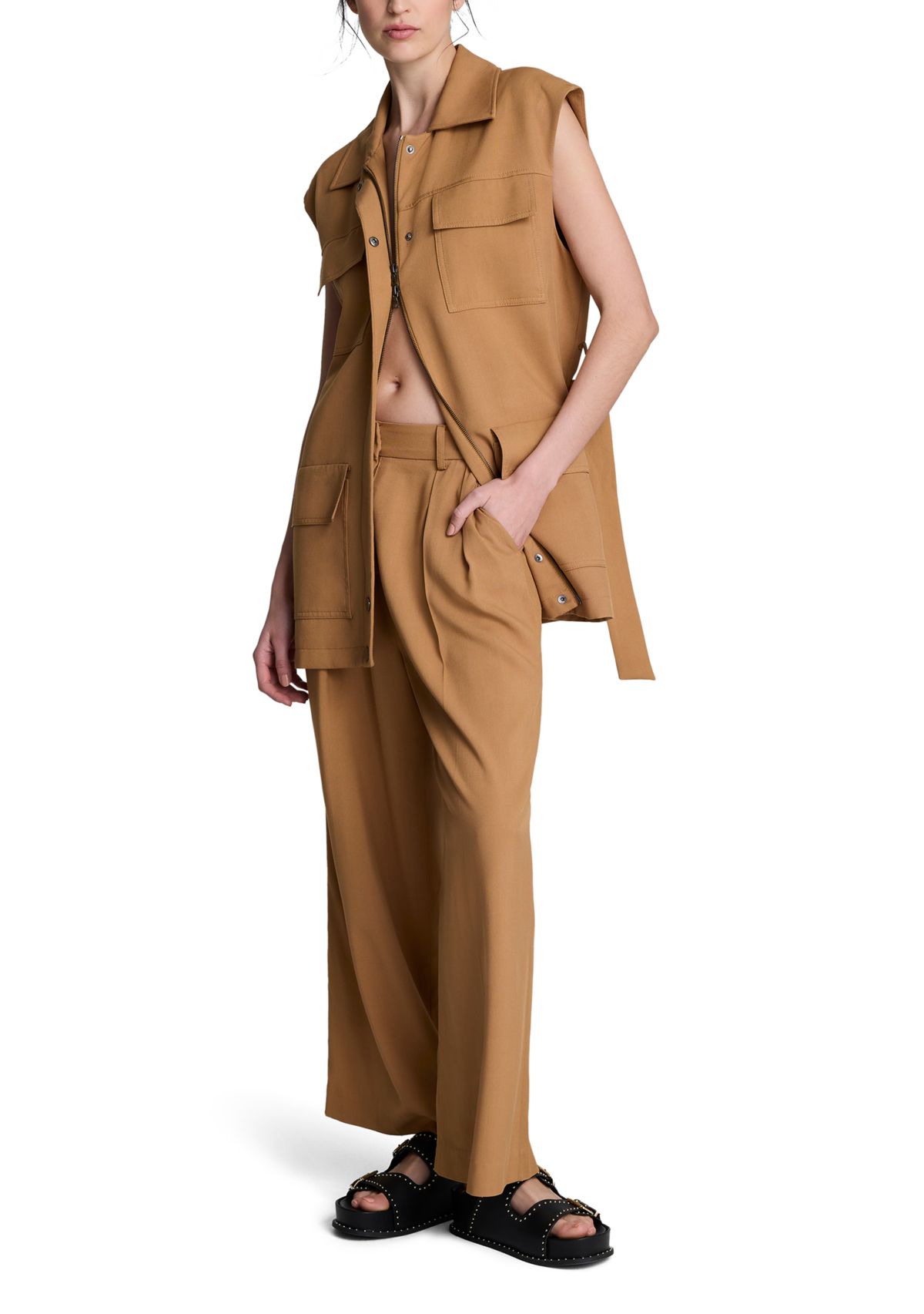 Womens Sleeveless Tie Utility Jacket