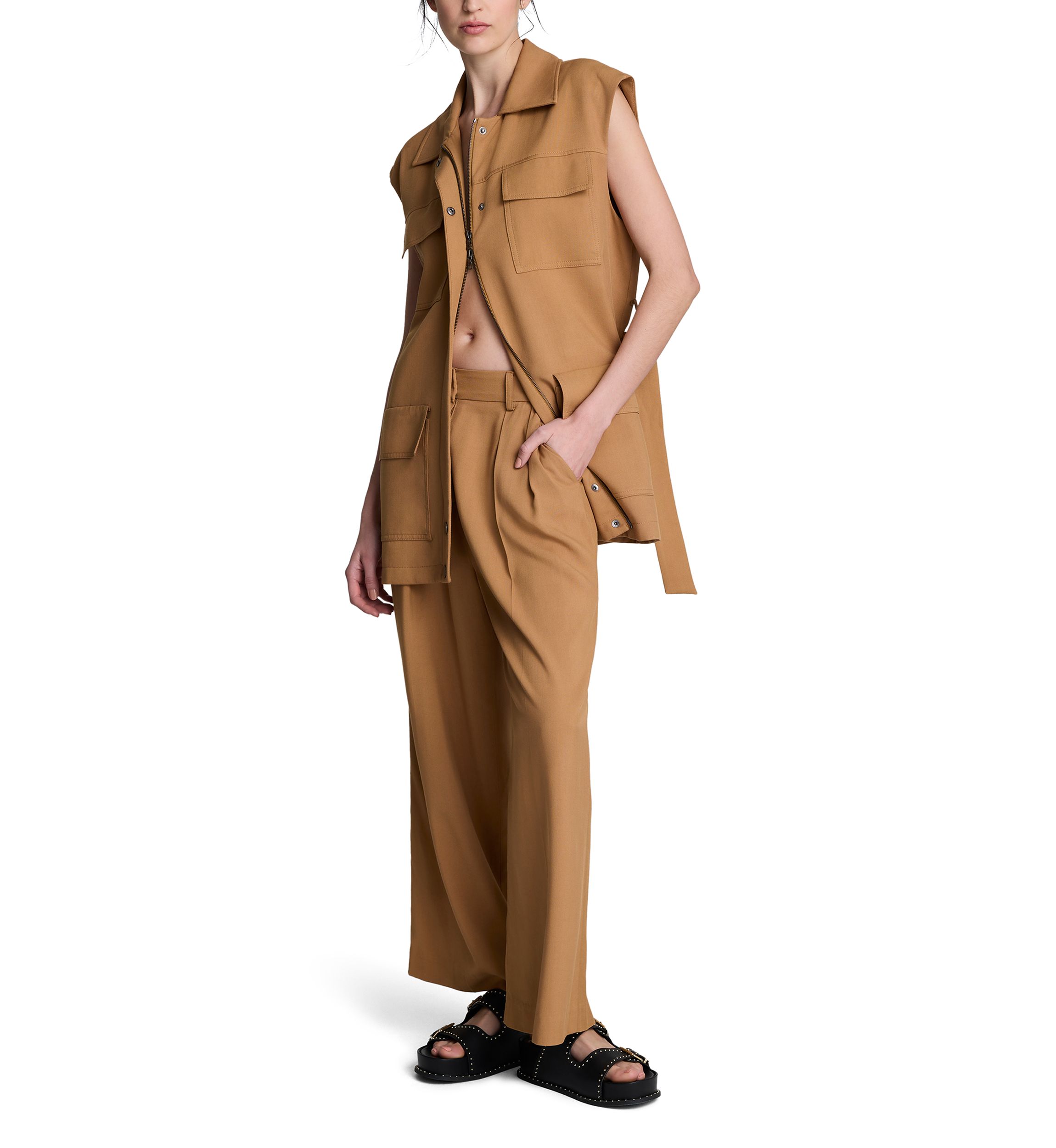 Womens Sleeveless Tie Utility Jacket