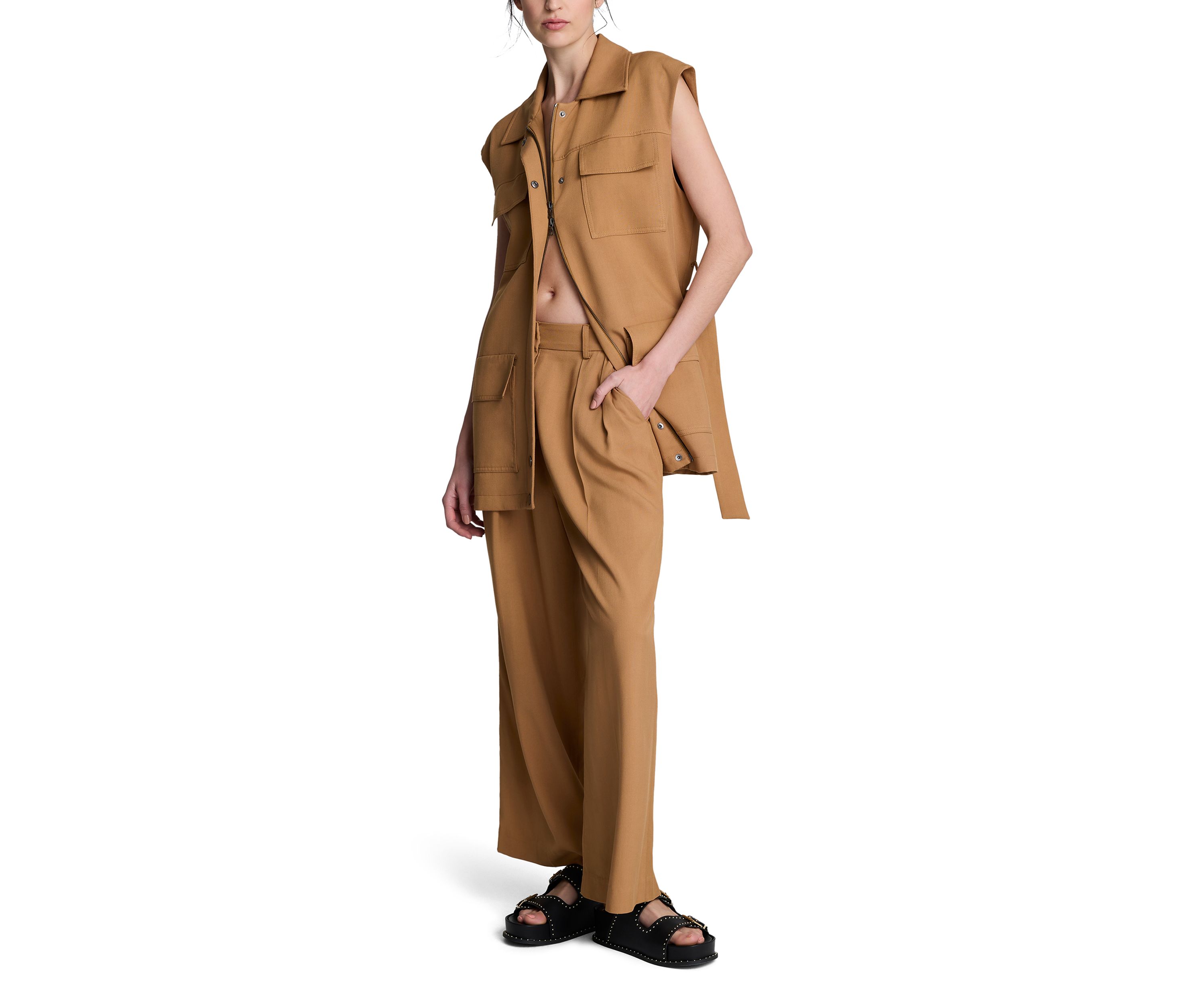 Womens Sleeveless Tie Utility Jacket