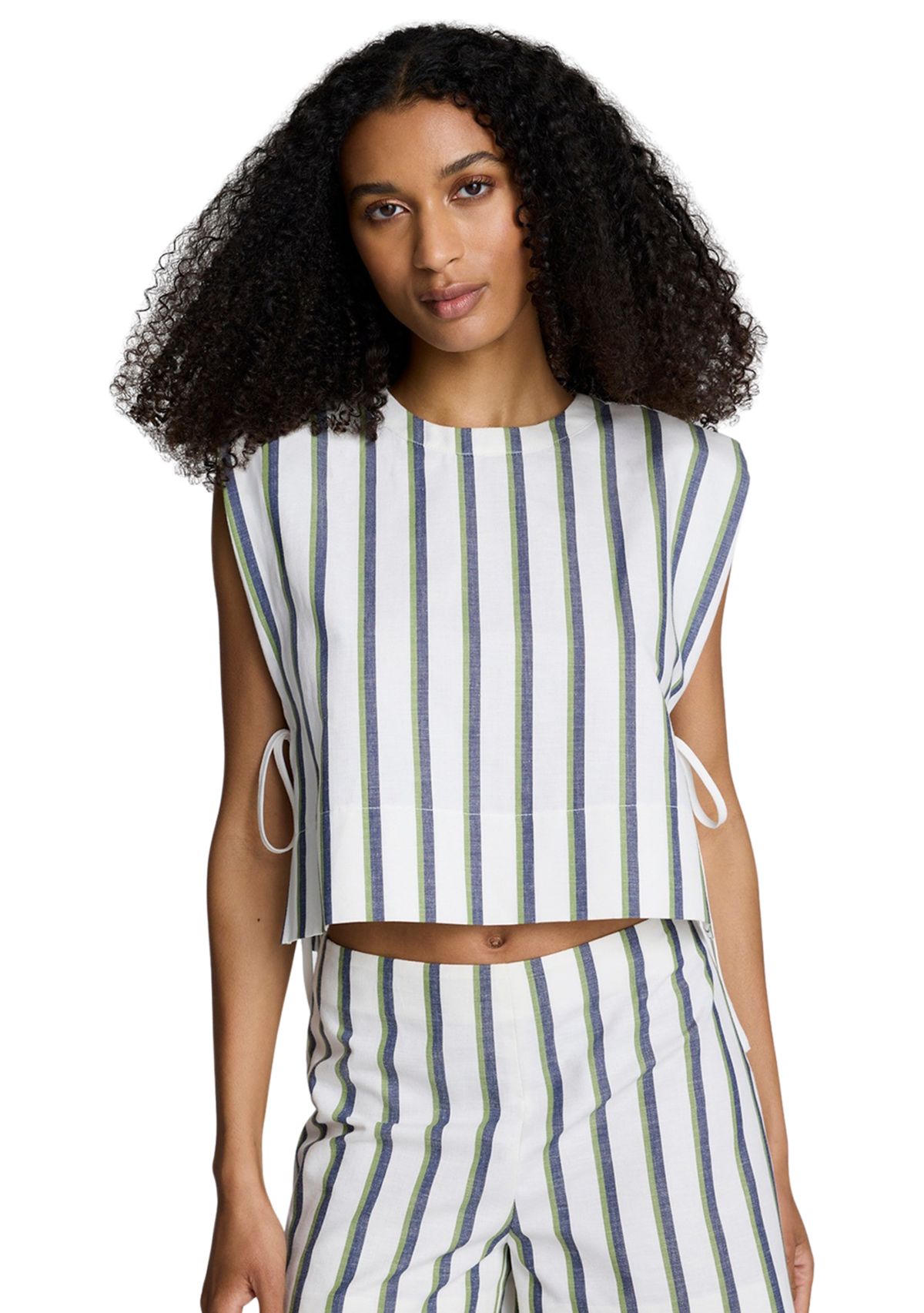 Womens Sleeveless Side Tie Stripe Woven Blouse