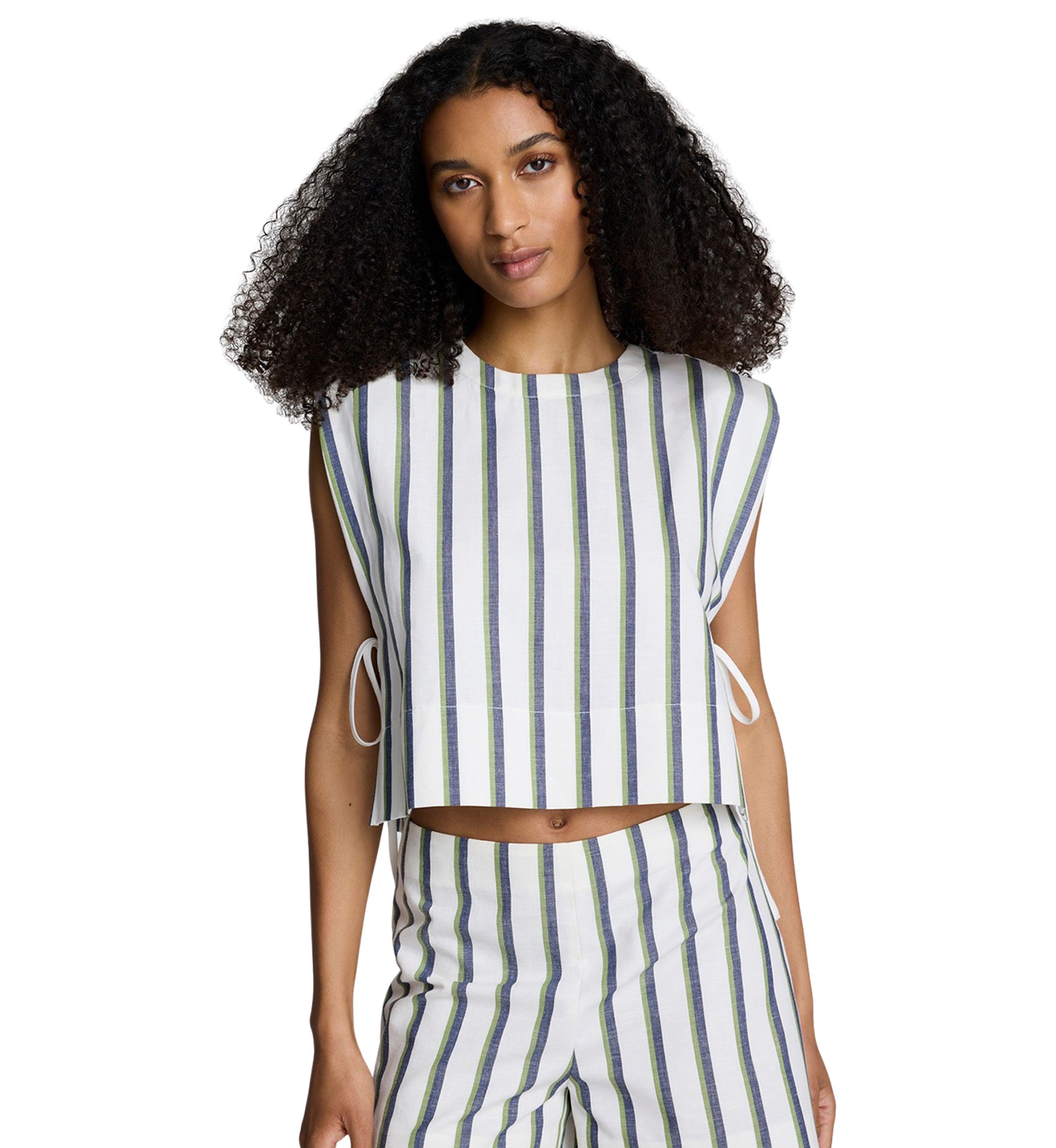 Womens Sleeveless Side Tie Stripe Woven Blouse