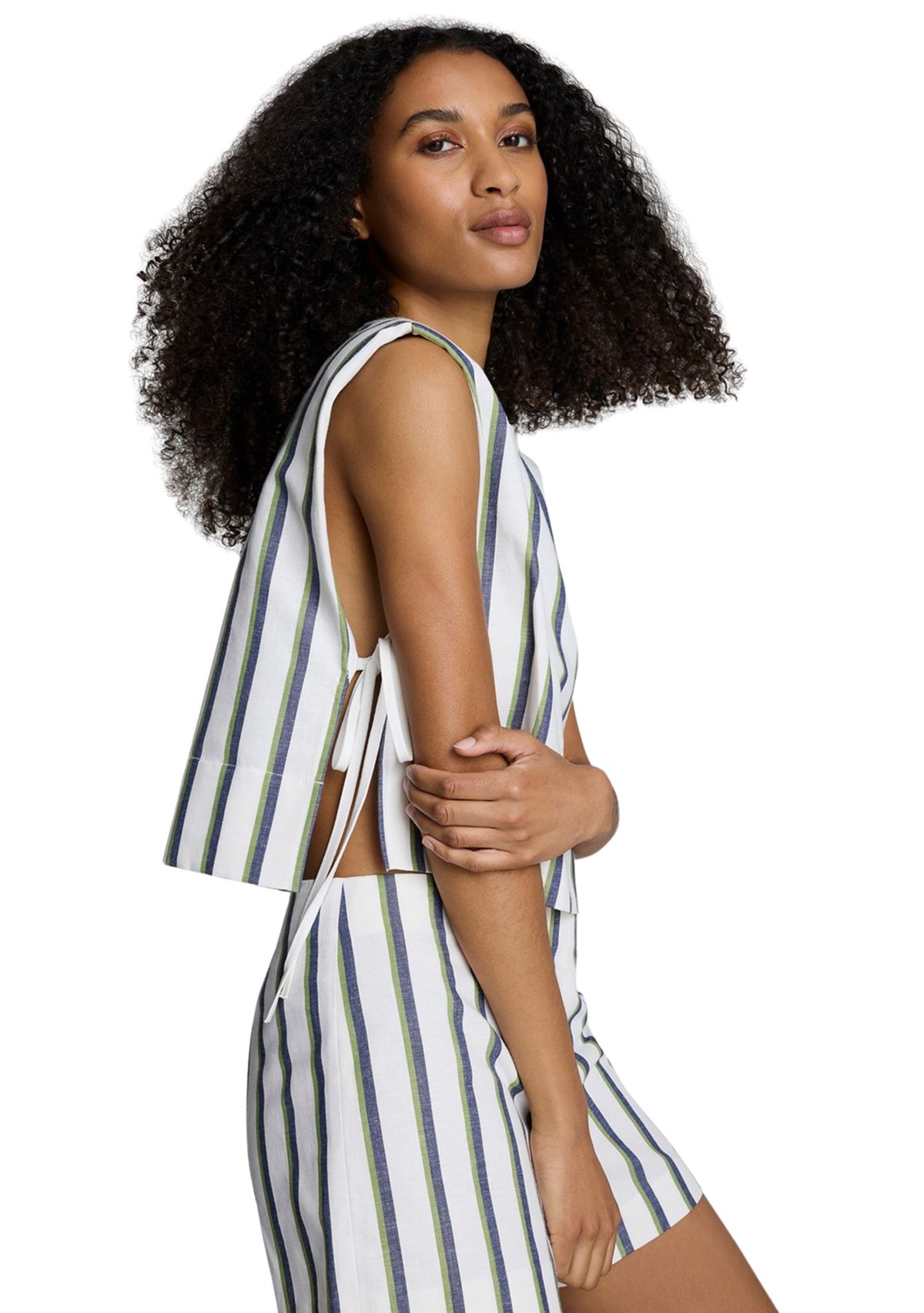 Womens Sleeveless Side Tie Stripe Woven Blouse