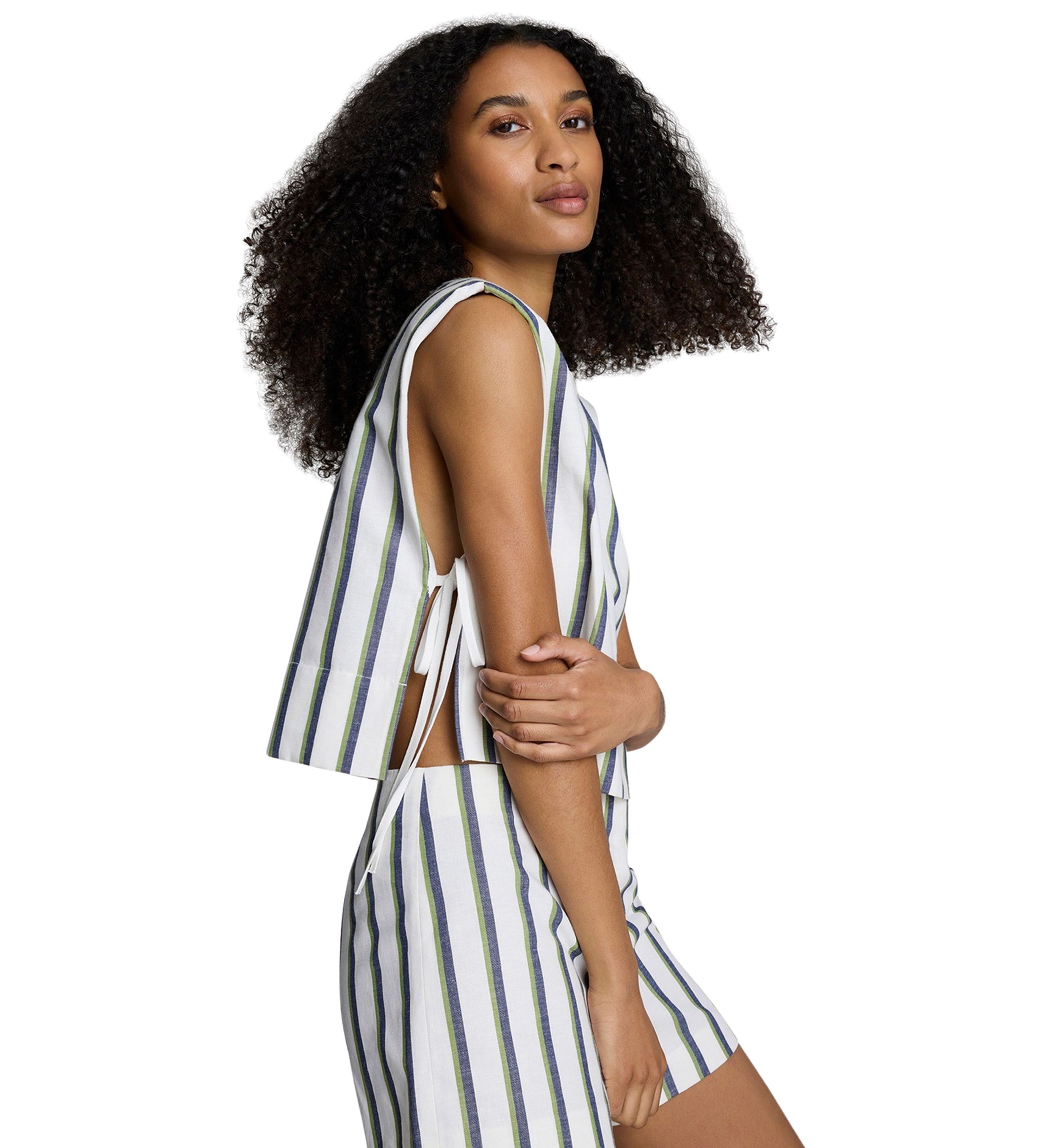 Womens Sleeveless Side Tie Stripe Woven Blouse
