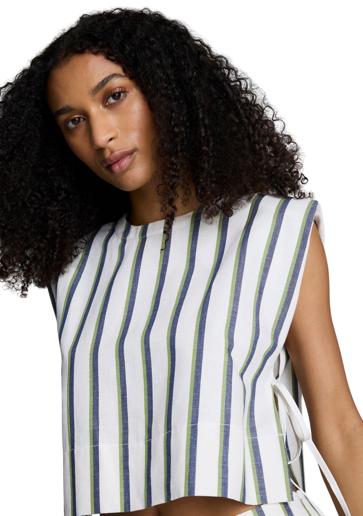 Womens Sleeveless Side Tie Stripe Woven Blouse