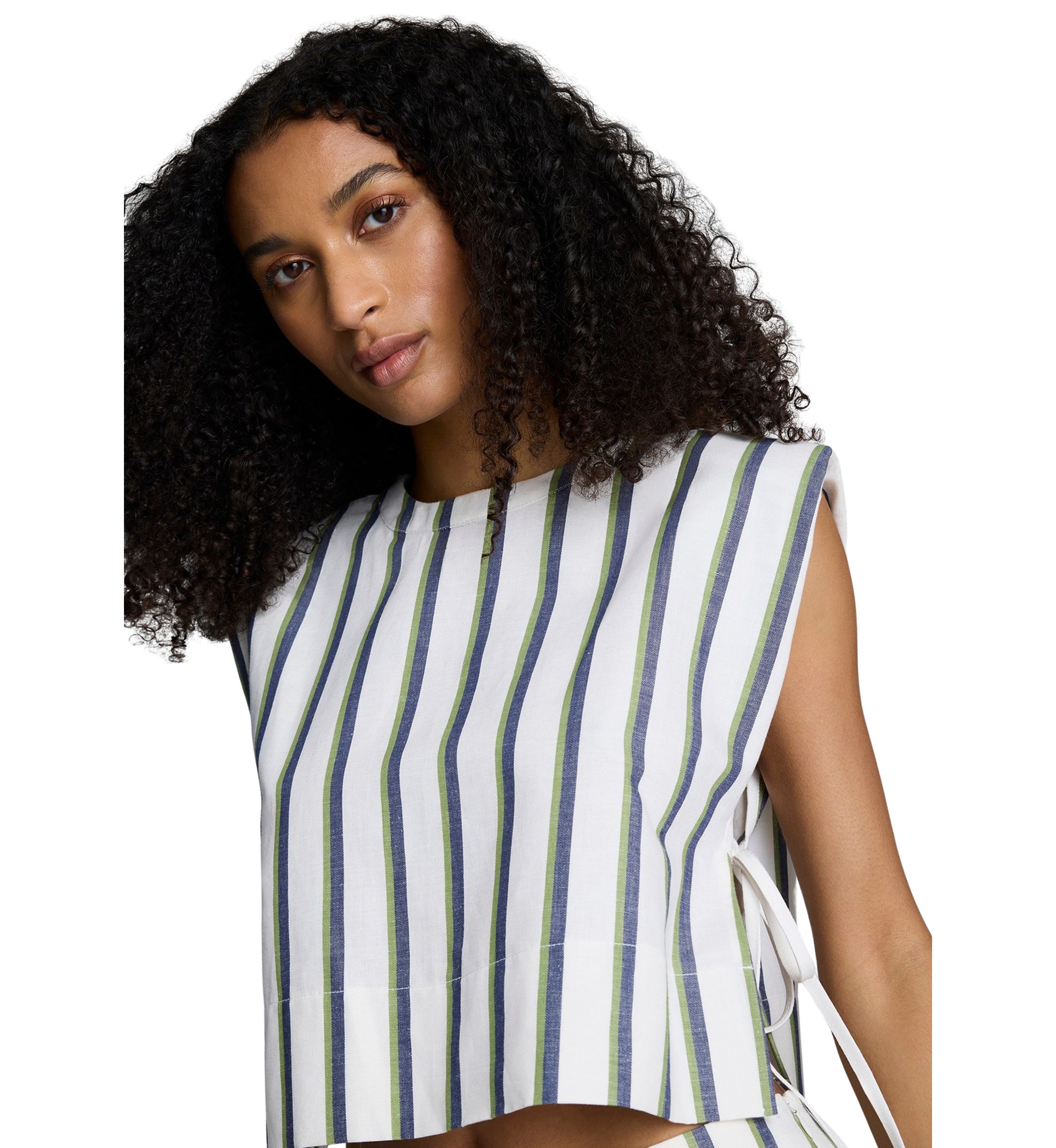 Womens Sleeveless Side Tie Stripe Woven Blouse